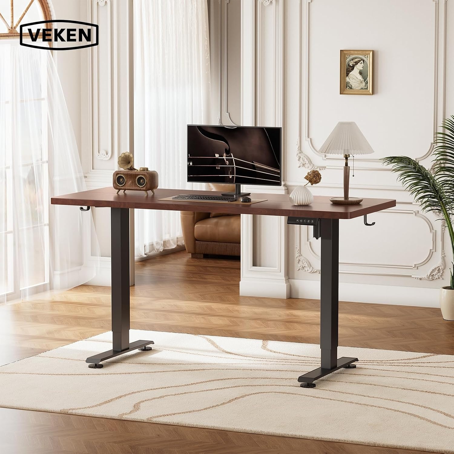 image:imageVeken 472 Inch Large Electric Standing Desk Gaming Table Brown Height Adjustable Sit Stand Up Computer Tables for Home Office Study Writing Suit students employees and group workWalnut