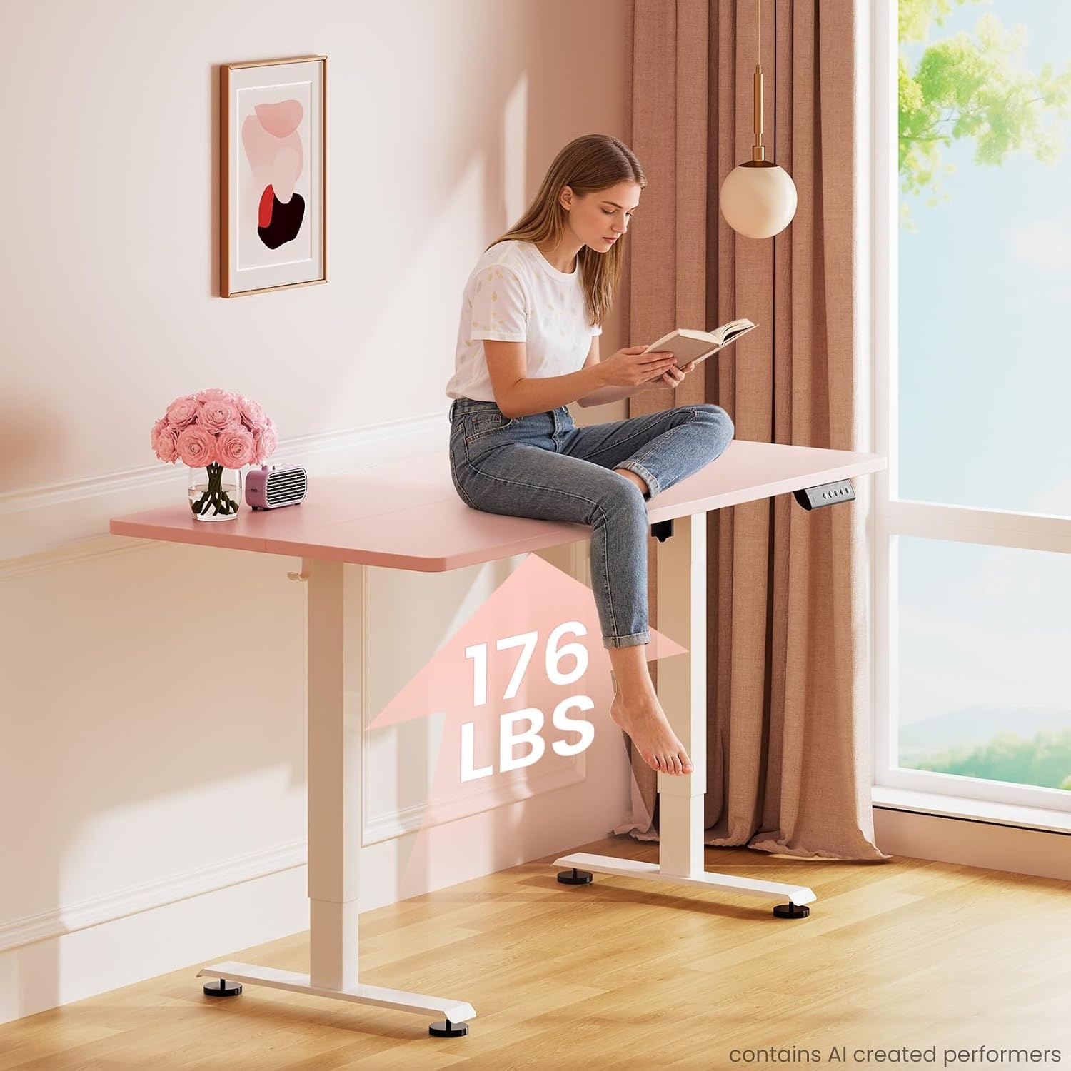 image:imageVeken 472 Inch Large Electric Standing Desk Gaming Table Brown Height Adjustable Sit Stand Up Computer Tables for Home Office Study Writing Suit students employees and group workPink