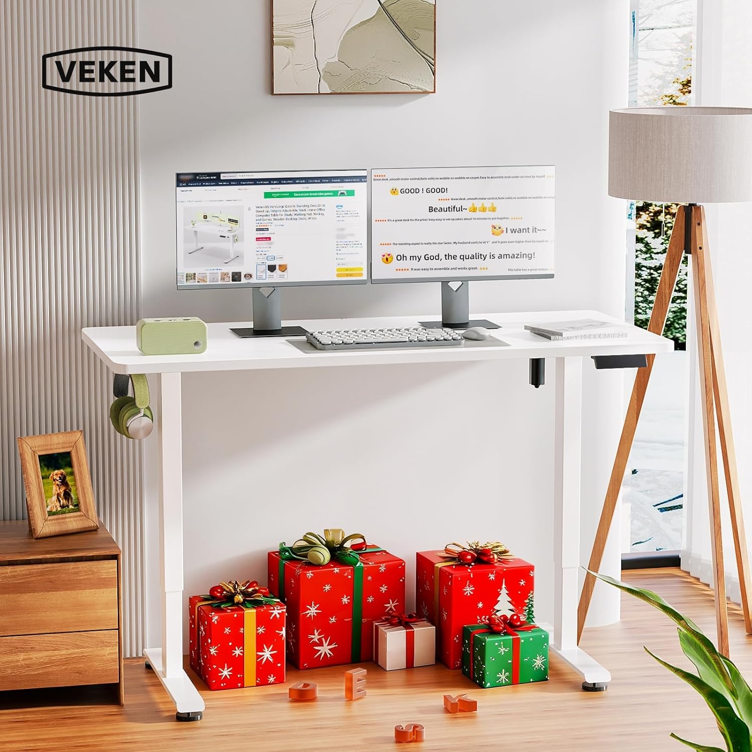 image:imageVeken 472 Inch Large Electric Standing Desk Gaming Table Brown Height Adjustable Sit Stand Up Computer Tables for Home Office Study Writing Suit students employees and group workWhite