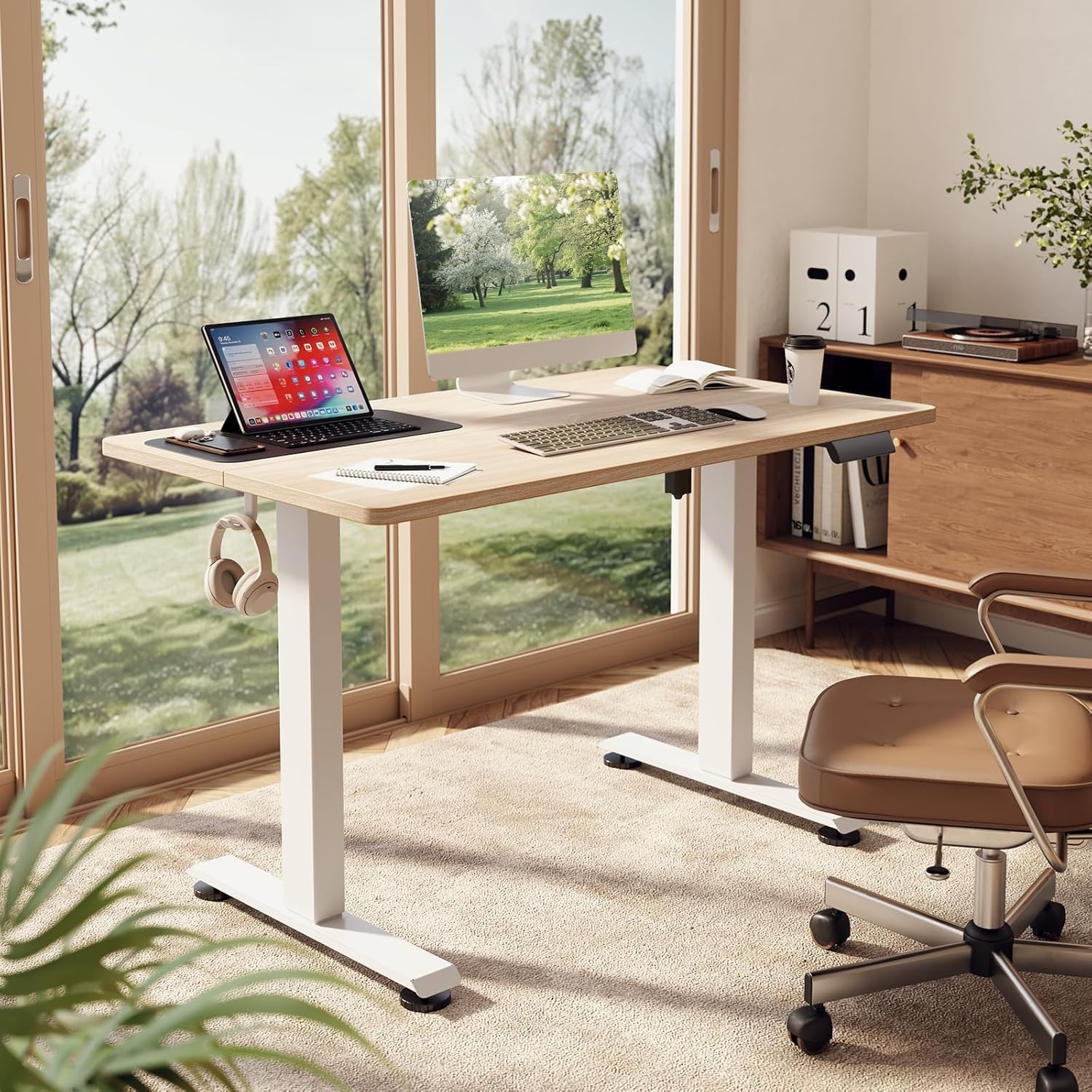 image:imageVeken 472 Inch Large Electric Standing Desk Gaming Table Brown Height Adjustable Sit Stand Up Computer Tables for Home Office Study Writing Suit students employees and group workNatural Wood