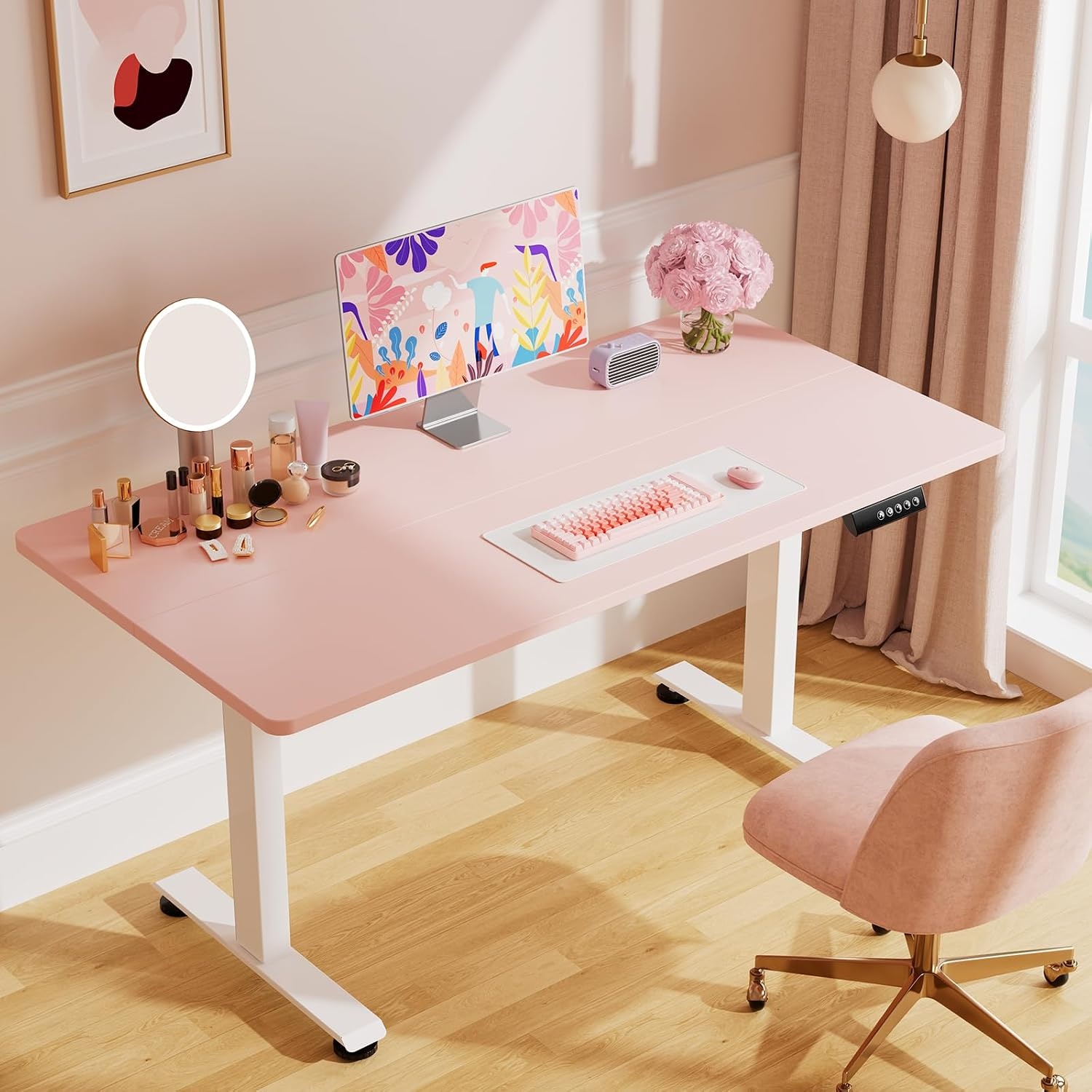 image:imageVeken 472 Inch Large Electric Standing Desk Gaming Table Brown Height Adjustable Sit Stand Up Computer Tables for Home Office Study Writing Suit students employees and group workPink