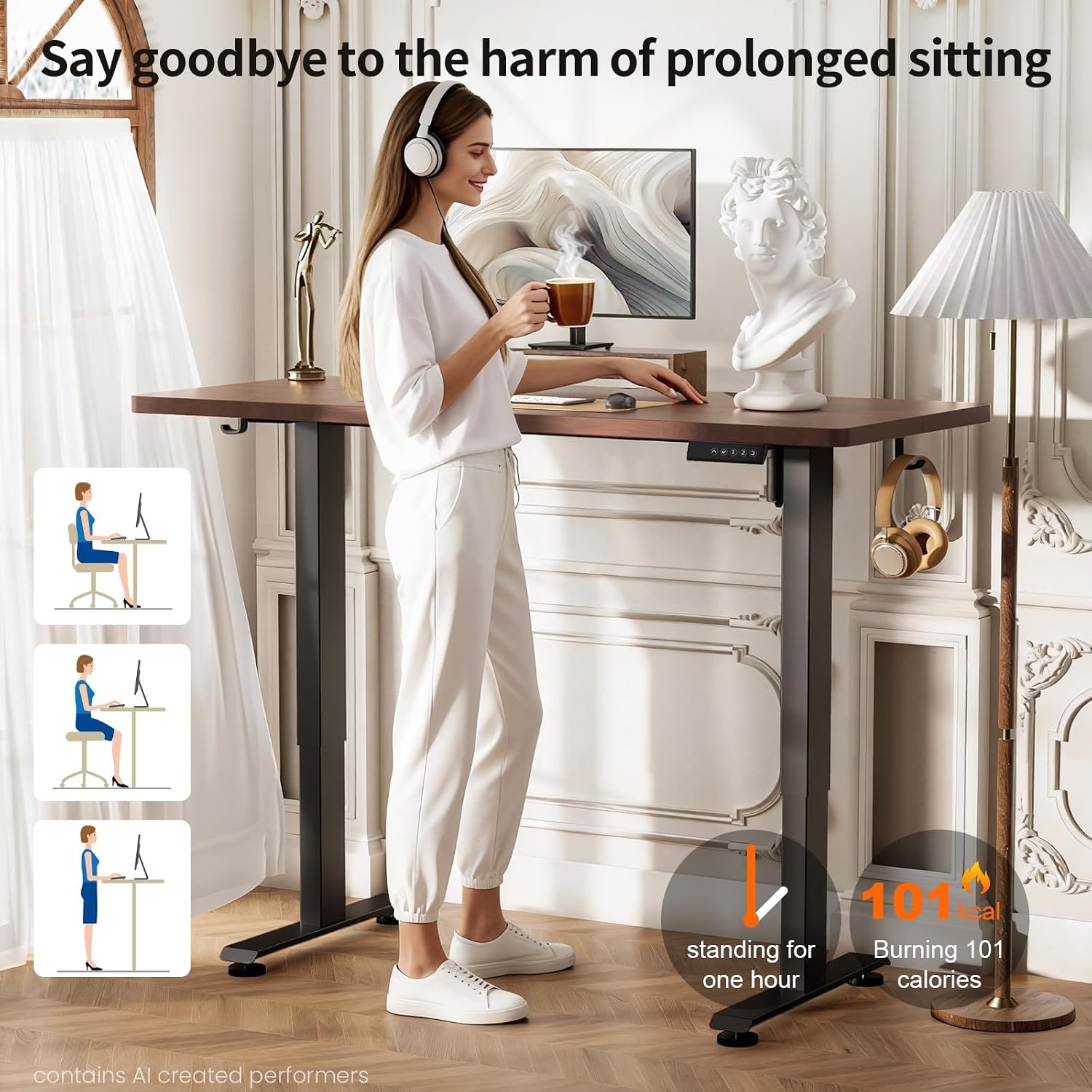 image:imageVeken 472 Inch Large Electric Standing Desk Gaming Table Brown Height Adjustable Sit Stand Up Computer Tables for Home Office Study Writing Suit students employees and group workWalnut