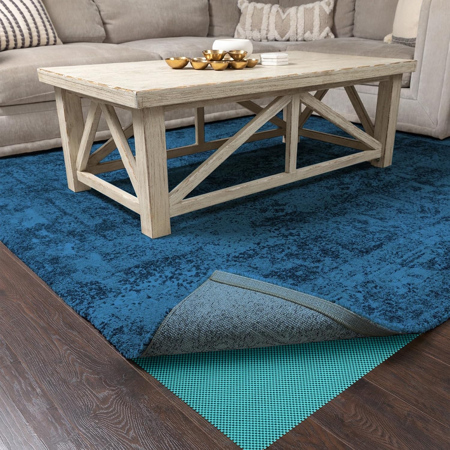 image:imageVeken 9x12 Ft Rug Pad Gripper for Hardwood Floors Non Slip Dark Grey Rug Pads for Area Rug Thick Rug Grippers for Tile Floor Under Carpet Anti Skid Mat with Over 99 Pieces AntiSlip Square PatternCyan