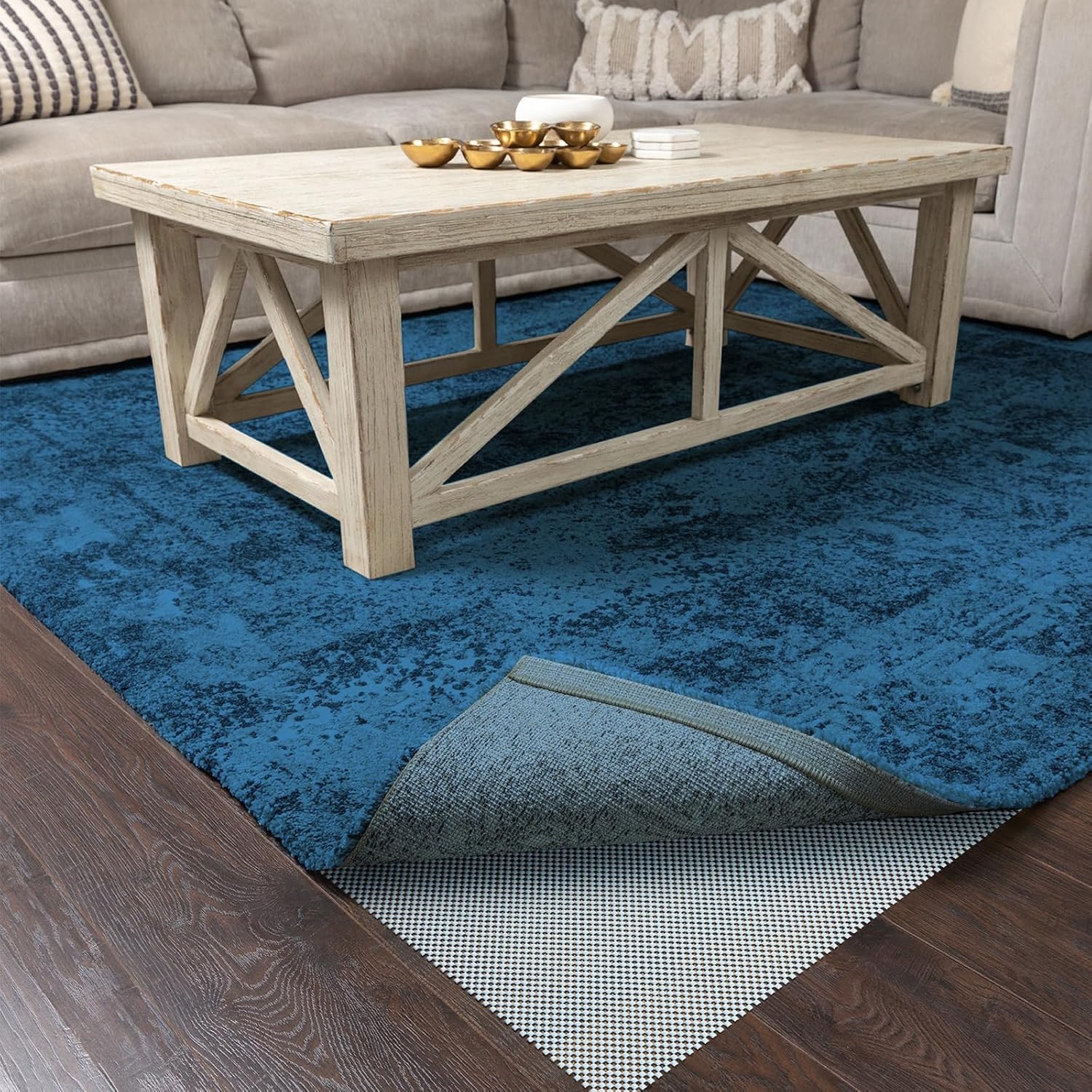 image:imageVeken 9x12 Ft Rug Pad Gripper for Hardwood Floors Non Slip Dark Grey Rug Pads for Area Rug Thick Rug Grippers for Tile Floor Under Carpet Anti Skid Mat with Over 99 Pieces AntiSlip Square PatternGrey Blue
