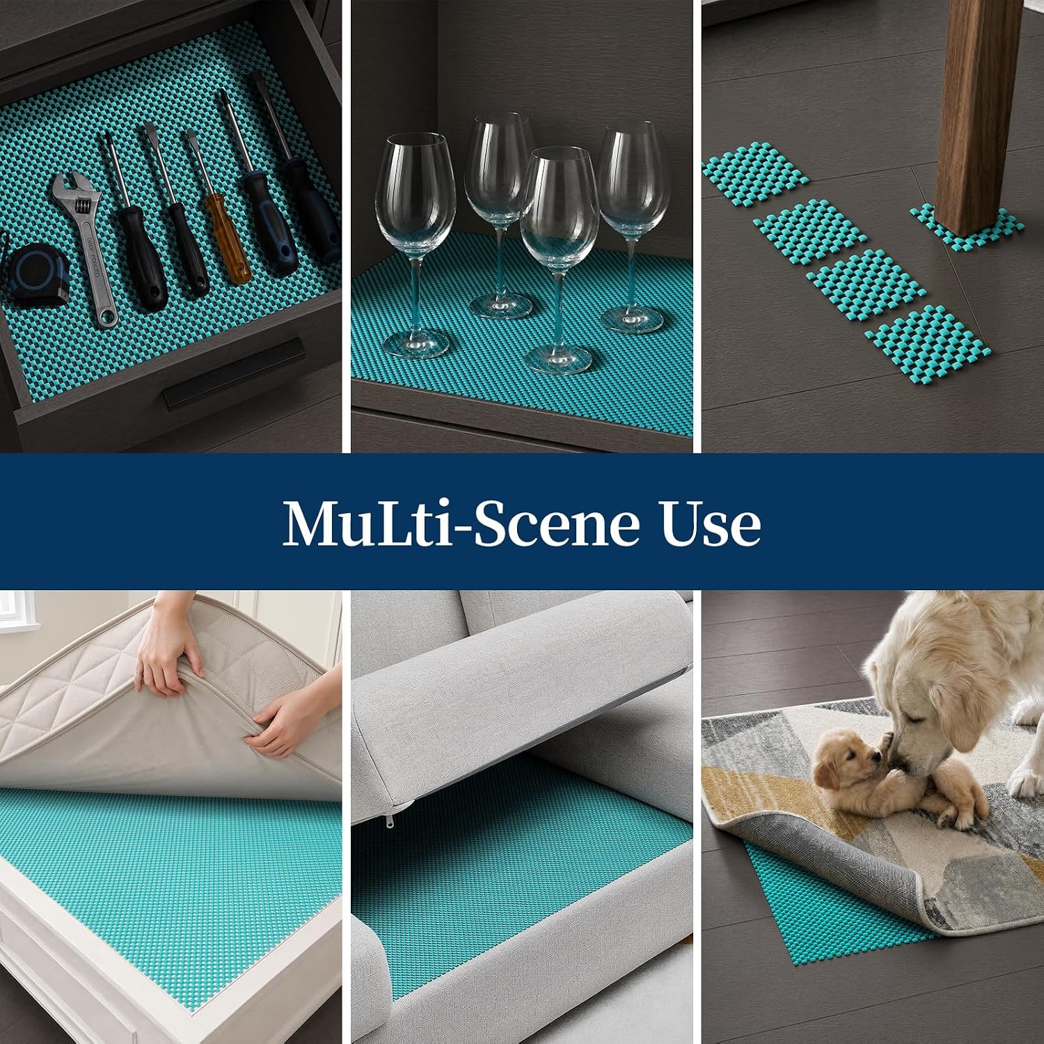 image:imageVeken 9x12 Ft Rug Pad Gripper for Hardwood Floors Non Slip Dark Grey Rug Pads for Area Rug Thick Rug Grippers for Tile Floor Under Carpet Anti Skid Mat with Over 99 Pieces AntiSlip Square PatternCyan
