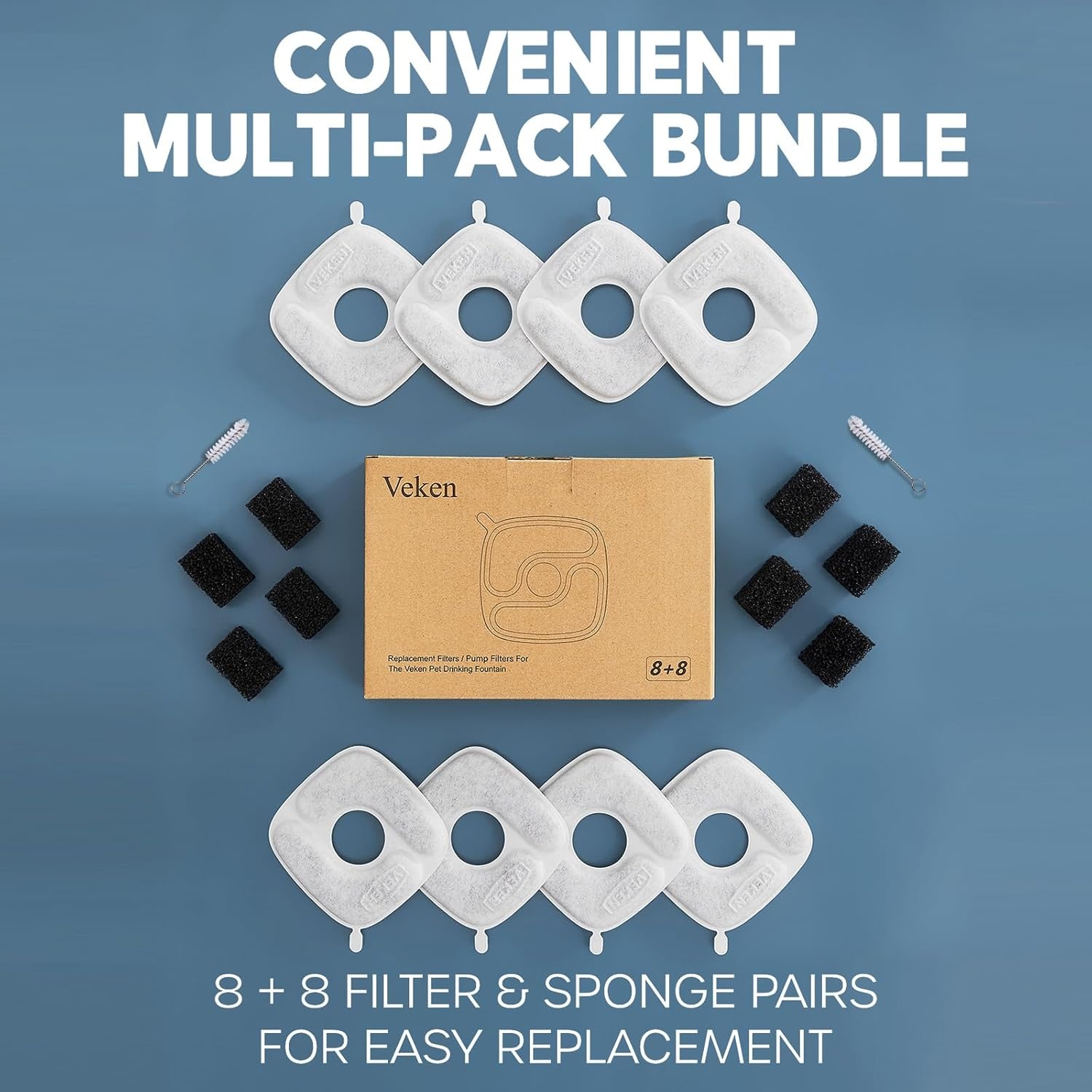 image:imageVeken Cat Water Fountain Filters 8 Pack Replacement Filters and 8 Pack Replacement PreFilter Sponges Set for 50oz 84oz 95oz or 108oz Automatic Pet Fountain Dog Water Dispenser8 Filters8 Sponges 4 month supply