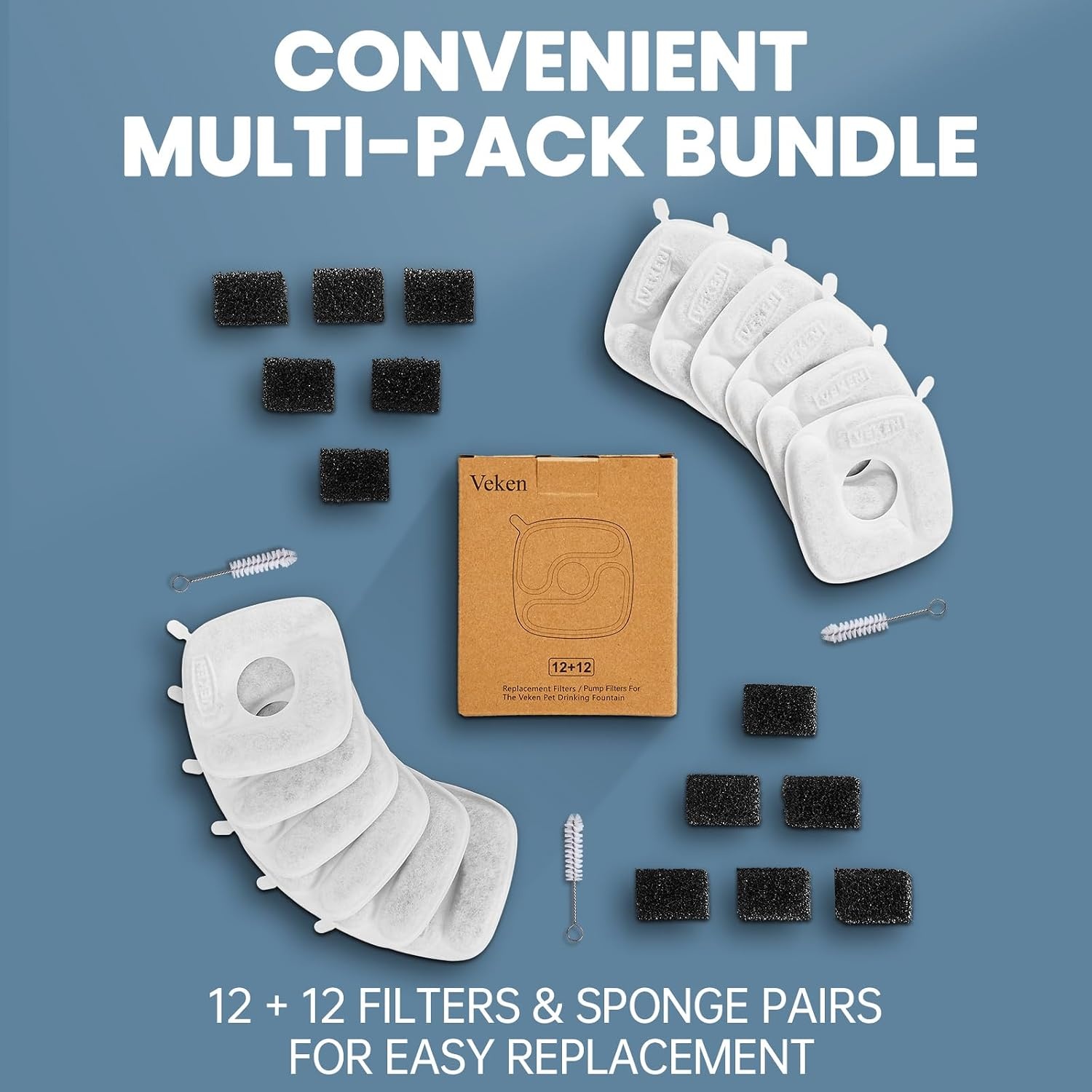 image:imageVeken Cat Water Fountain Filters 8 Pack Replacement Filters and 8 Pack Replacement PreFilter Sponges Set for 50oz 84oz 95oz or 108oz Automatic Pet Fountain Dog Water Dispenser12 Filters12 Sponges 6 month supply