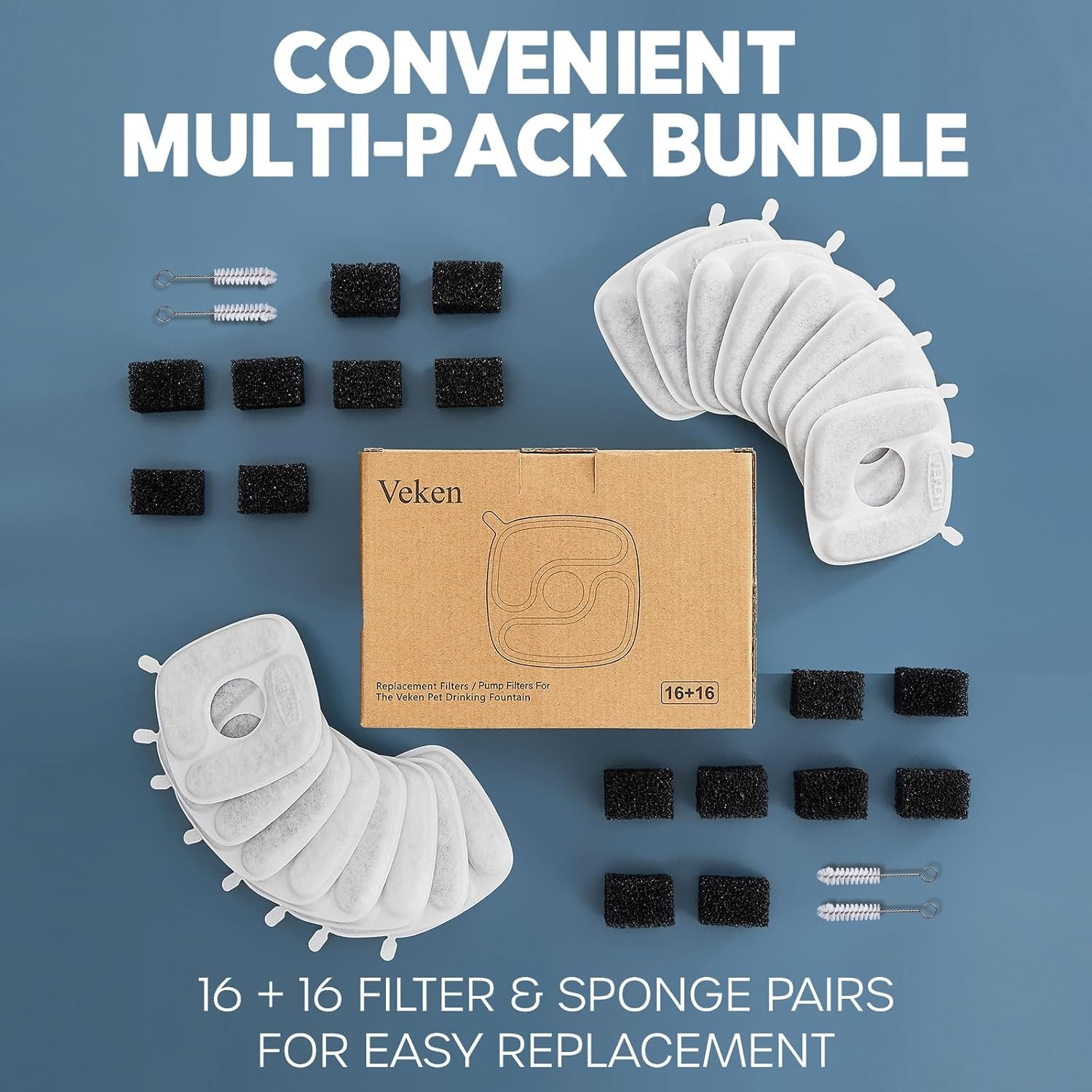 image:imageVeken Cat Water Fountain Filters 8 Pack Replacement Filters and 8 Pack Replacement PreFilter Sponges Set for 50oz 84oz 95oz or 108oz Automatic Pet Fountain Dog Water Dispenser16 Filters16 Sponges 8 month supply