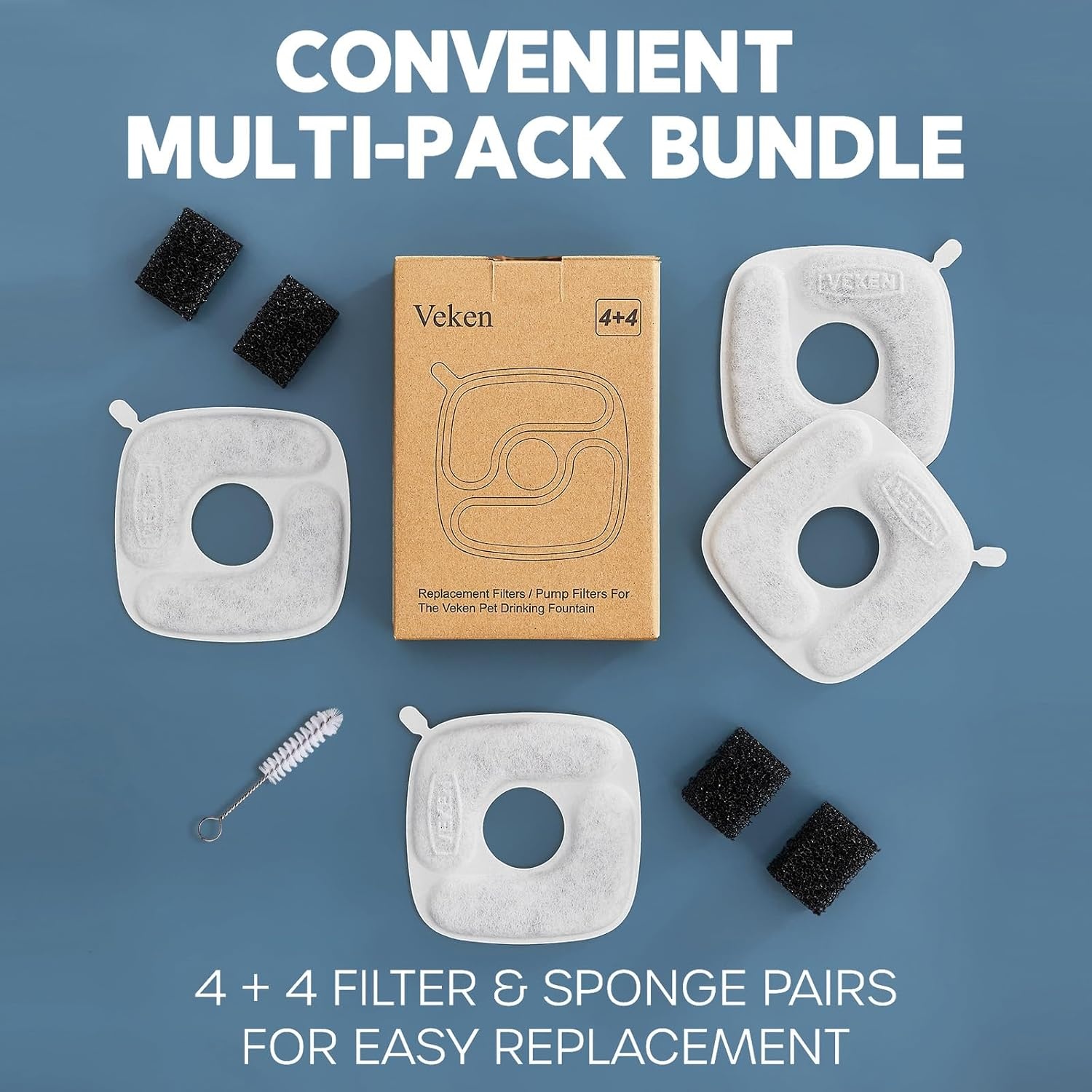image:imageVeken Cat Water Fountain Filters 8 Pack Replacement Filters and 8 Pack Replacement PreFilter Sponges Set for 50oz 84oz 95oz or 108oz Automatic Pet Fountain Dog Water Dispenser4 Filters4 Sponges 2 month supply