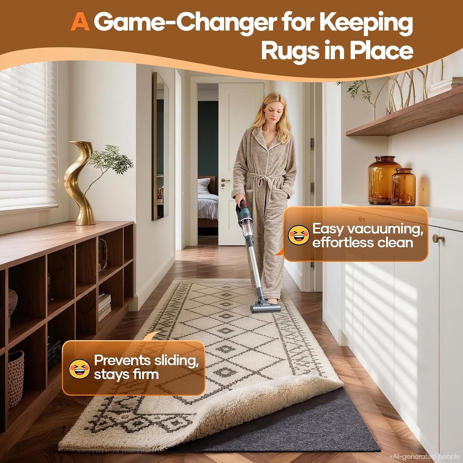 image:imageVeken Non Slip Cushioned Rug Pad Gripper Felt and Silicone Backing 9 x 12 Ft 38 inch Thick Carpet Liner Protector Mat for Area Rugs and Hardwood Floors with Over 99 Pcs AntiSlip Strips Pattern26 x 96 Rectangular