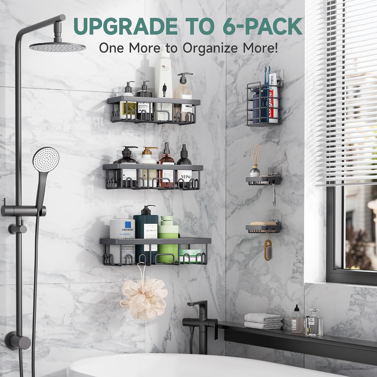 image:imageVeken Shower Caddy 6Pack Bathroom Organizers and Storage Shelves Black Advanced Rustproof Design Large Capacity No Drilling Adhesive Rack with Soap Holder WallMounted Kitchen amp Home DecorDark Grey