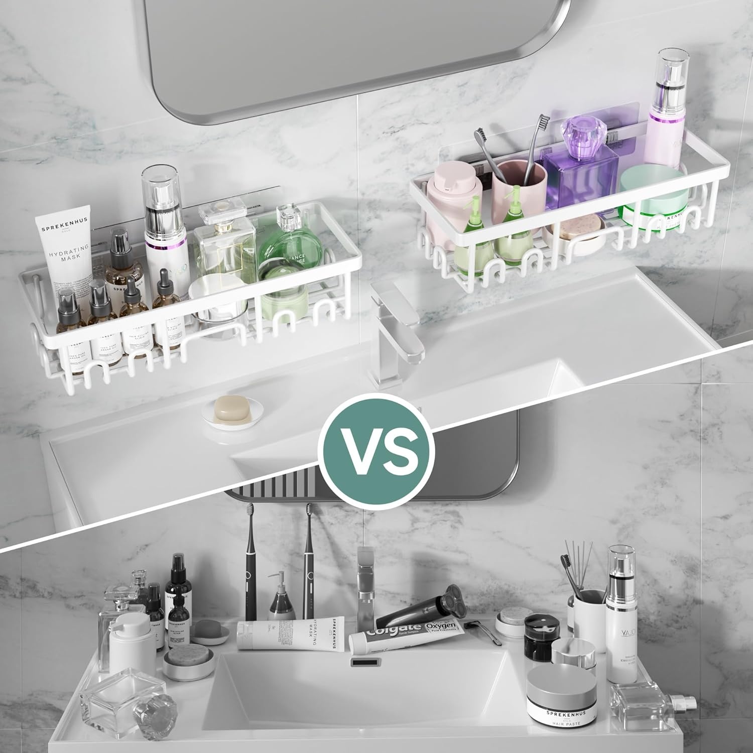 image:imageVeken Shower Caddy 6Pack Bathroom Organizers and Storage Shelves Black Advanced Rustproof Design Large Capacity No Drilling Adhesive Rack with Soap Holder WallMounted Kitchen amp Home DecorWhite