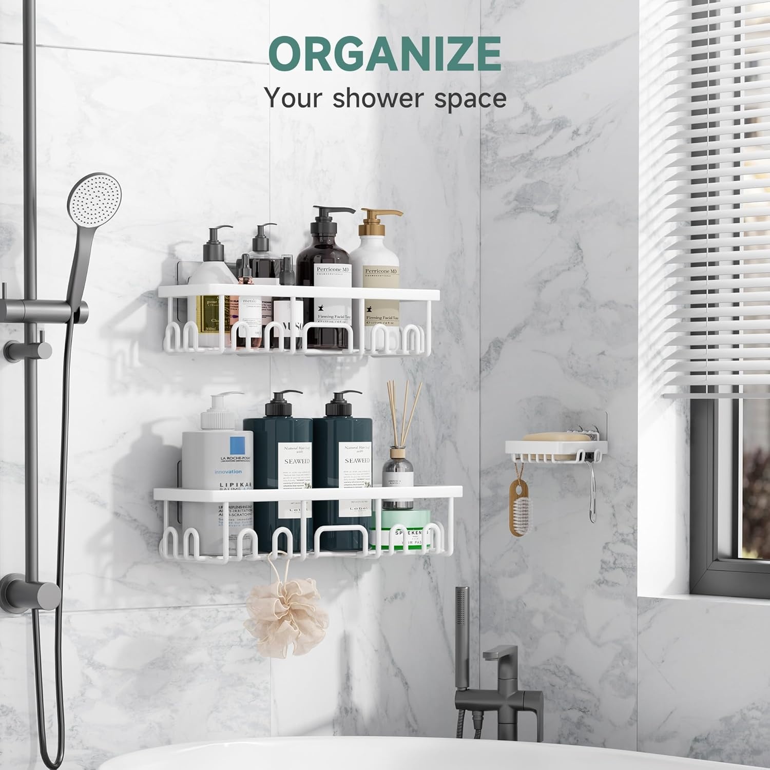 image:imageVeken Shower Caddy 6Pack Bathroom Organizers and Storage Shelves Black Advanced Rustproof Design Large Capacity No Drilling Adhesive Rack with Soap Holder WallMounted Kitchen amp Home DecorWhite