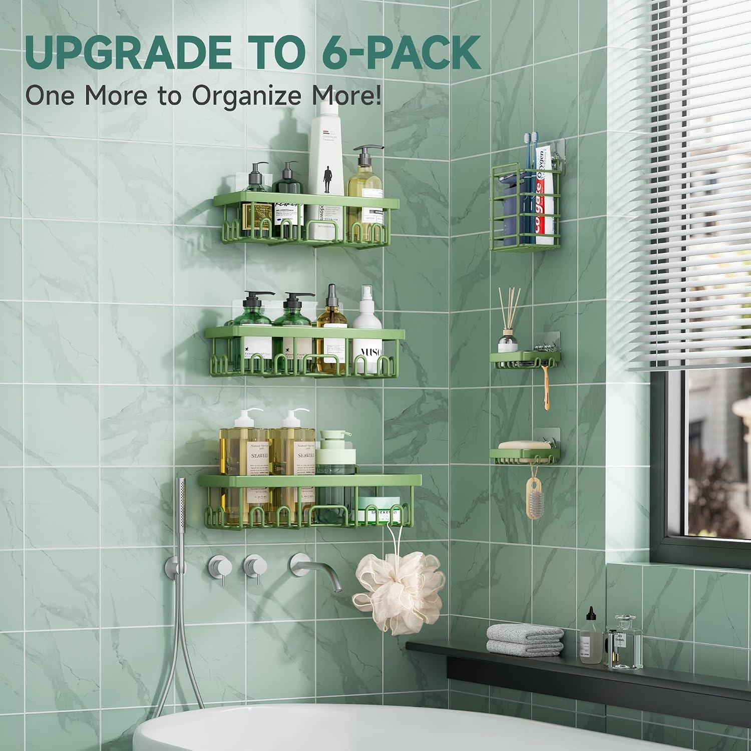 image:imageVeken Shower Caddy 6Pack Bathroom Organizers and Storage Shelves Black Advanced Rustproof Design Large Capacity No Drilling Adhesive Rack with Soap Holder WallMounted Kitchen amp Home DecorGreen