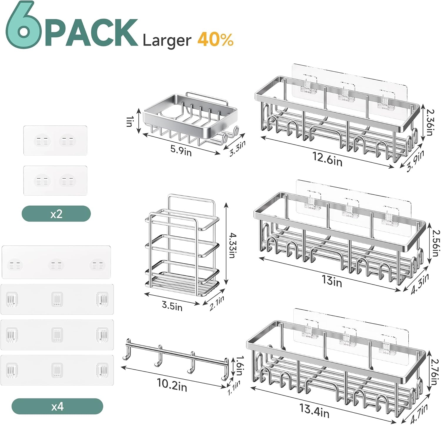 image:imageVeken Shower Caddy 6Pack Bathroom Organizers and Storage Shelves Black Advanced Rustproof Design Large Capacity No Drilling Adhesive Rack with Soap Holder WallMounted Kitchen amp Home DecorSilver