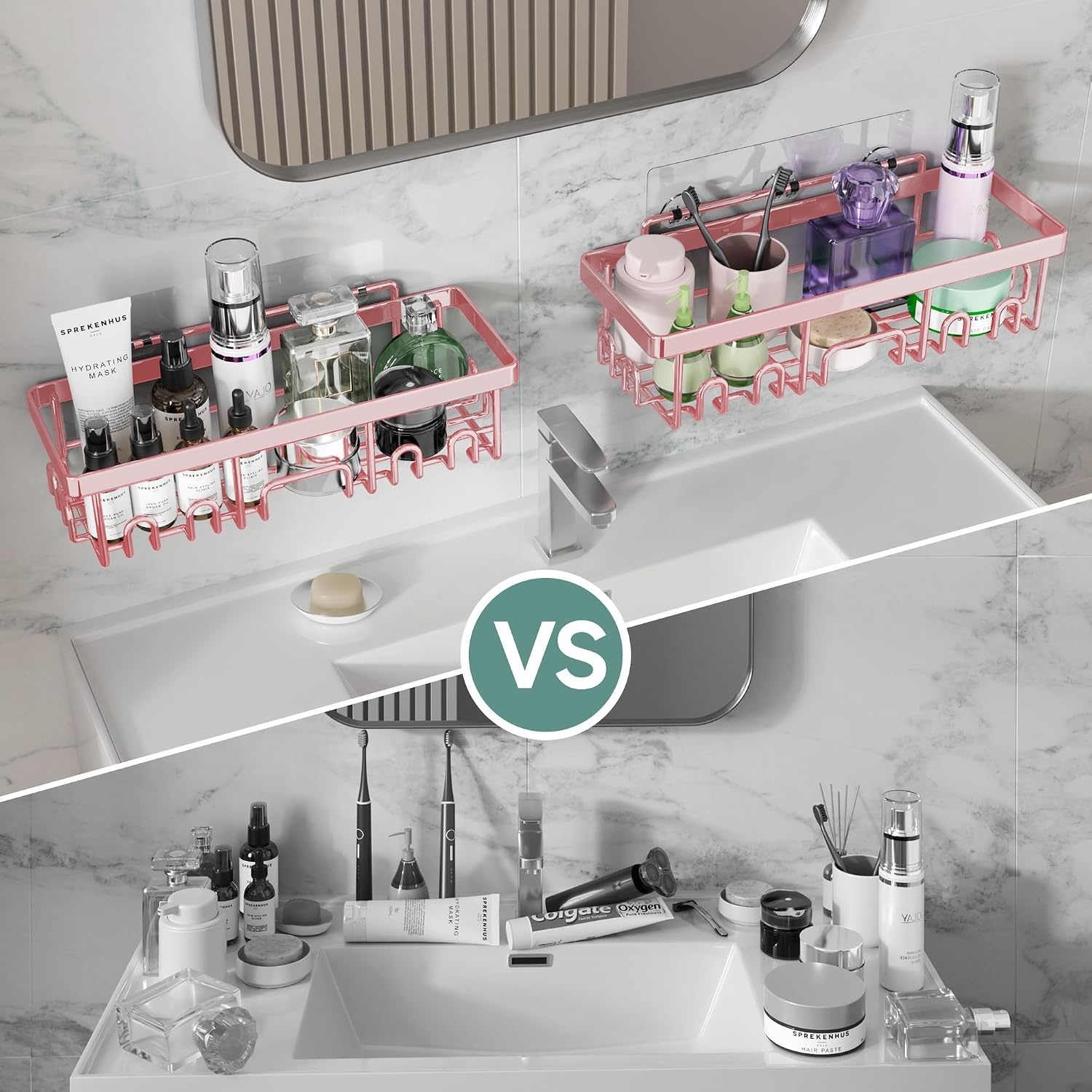 image:imageVeken Shower Caddy 6Pack Bathroom Organizers and Storage Shelves Black Advanced Rustproof Design Large Capacity No Drilling Adhesive Rack with Soap Holder WallMounted Kitchen amp Home DecorPink
