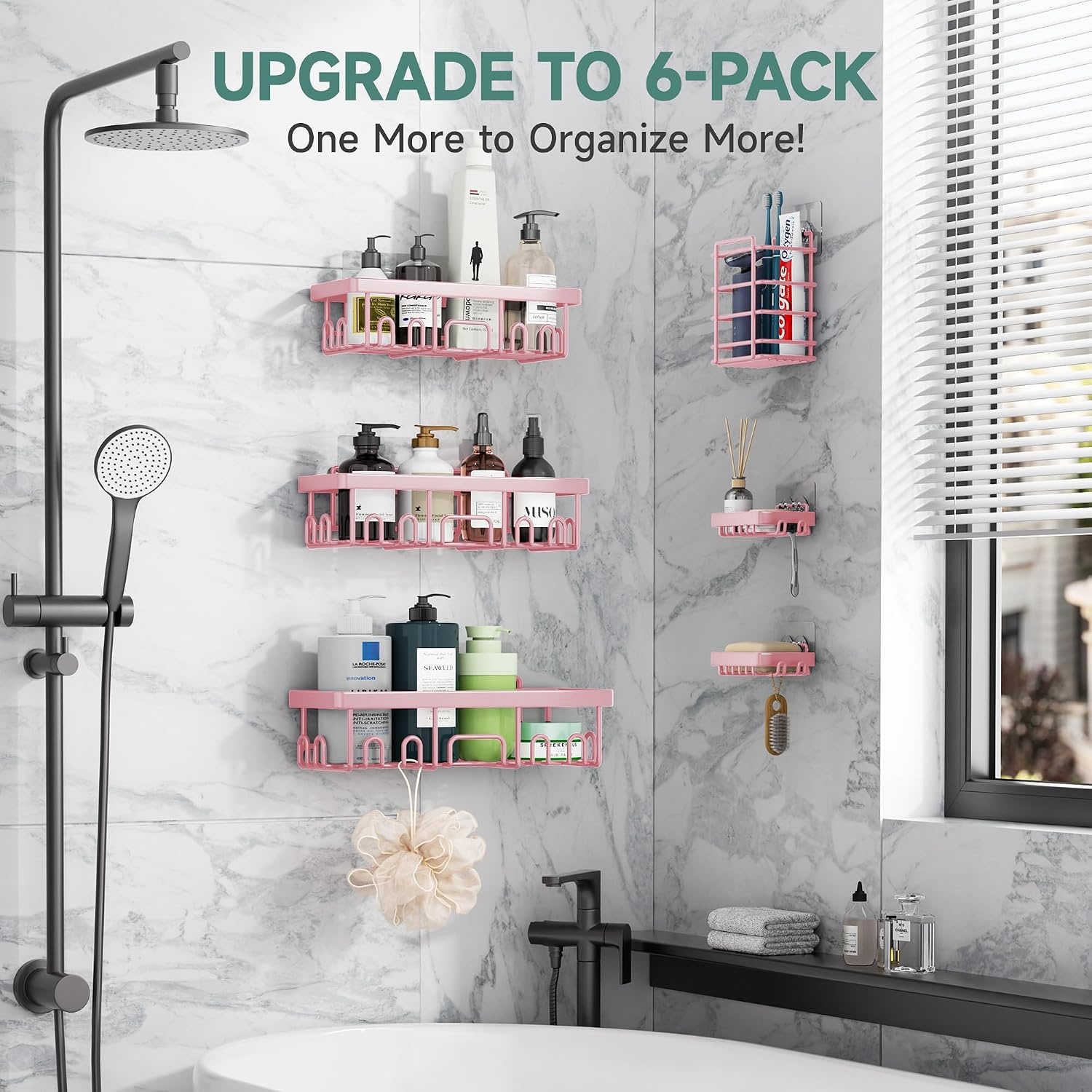image:imageVeken Shower Caddy 6Pack Bathroom Organizers and Storage Shelves Black Advanced Rustproof Design Large Capacity No Drilling Adhesive Rack with Soap Holder WallMounted Kitchen amp Home DecorPink