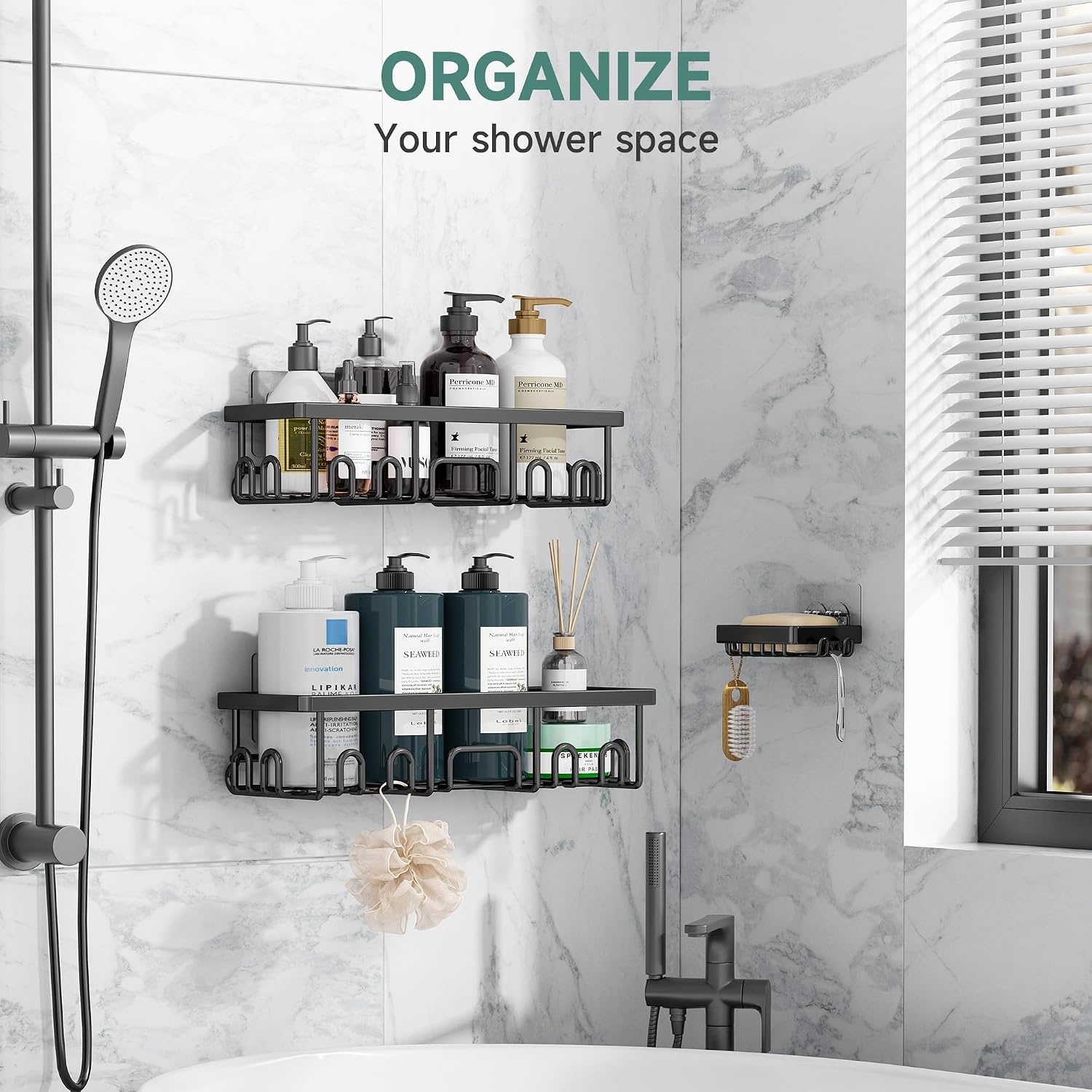 image:imageVeken Shower Caddy 6Pack Bathroom Organizers and Storage Shelves Black Advanced Rustproof Design Large Capacity No Drilling Adhesive Rack with Soap Holder WallMounted Kitchen amp Home DecorBlack