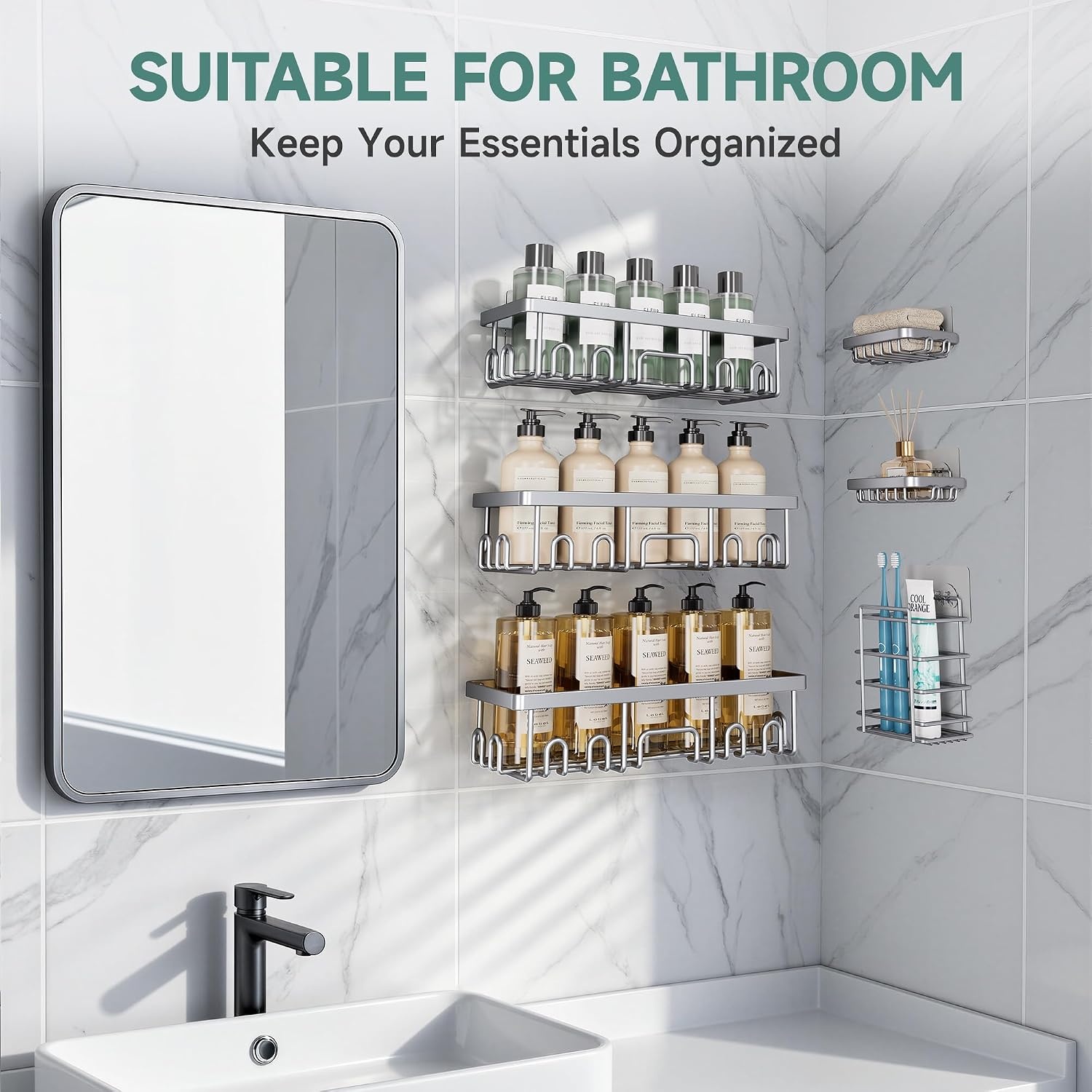 image:imageVeken Shower Caddy 6Pack Bathroom Organizers and Storage Shelves Black Advanced Rustproof Design Large Capacity No Drilling Adhesive Rack with Soap Holder WallMounted Kitchen amp Home DecorBright Silver