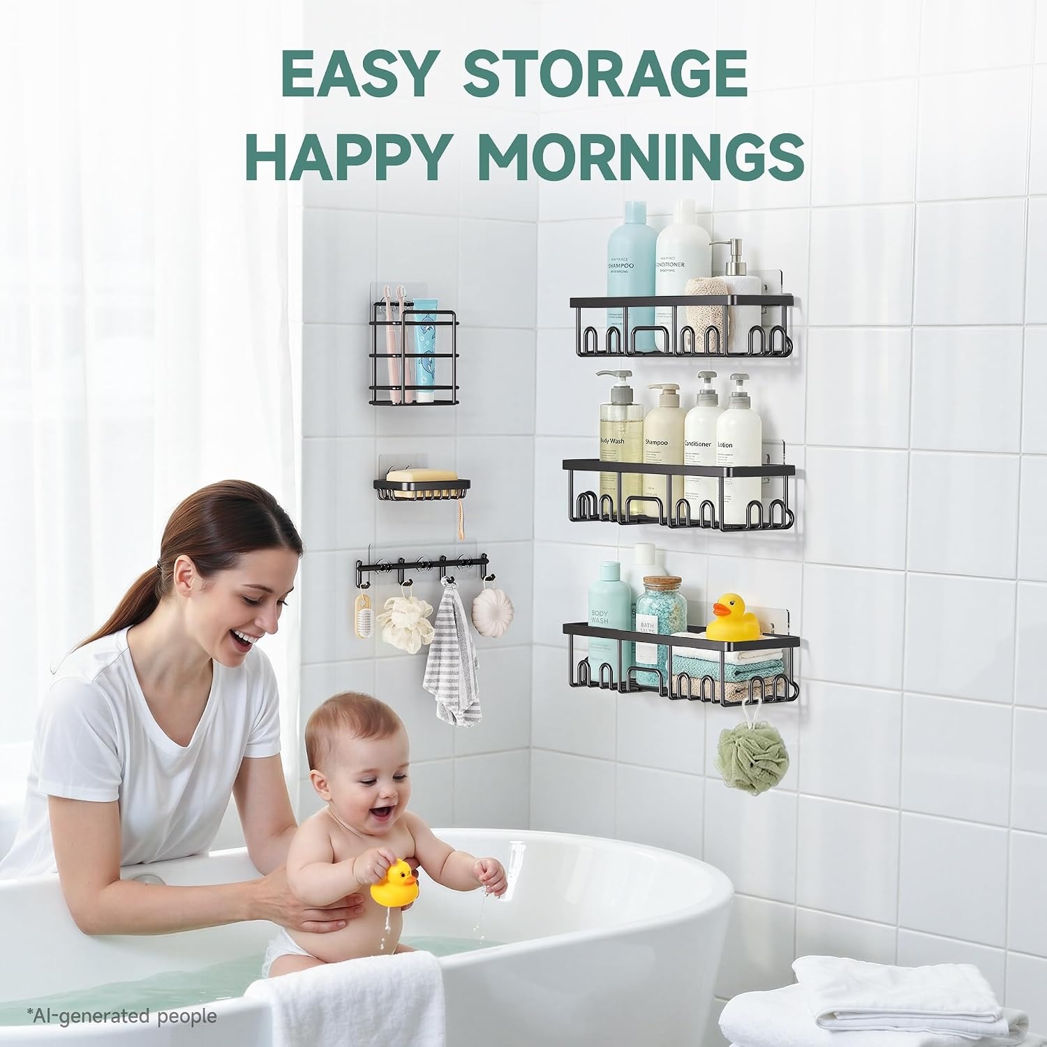 image:imageVeken Shower Caddy 6Pack Bathroom Organizers and Storage Shelves Black Advanced Rustproof Design Large Capacity No Drilling Adhesive Rack with Soap Holder WallMounted Kitchen amp Home DecorBlack