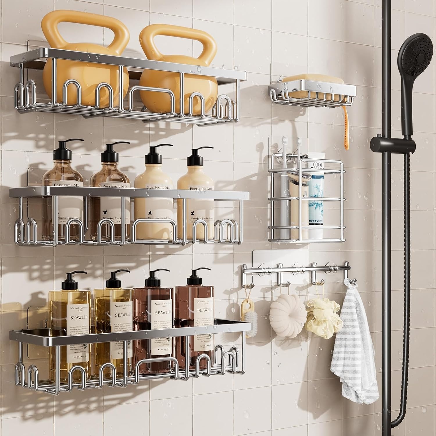 image:imageVeken Shower Caddy 6Pack Bathroom Organizers and Storage Shelves Black Advanced Rustproof Design Large Capacity No Drilling Adhesive Rack with Soap Holder WallMounted Kitchen amp Home DecorSilver