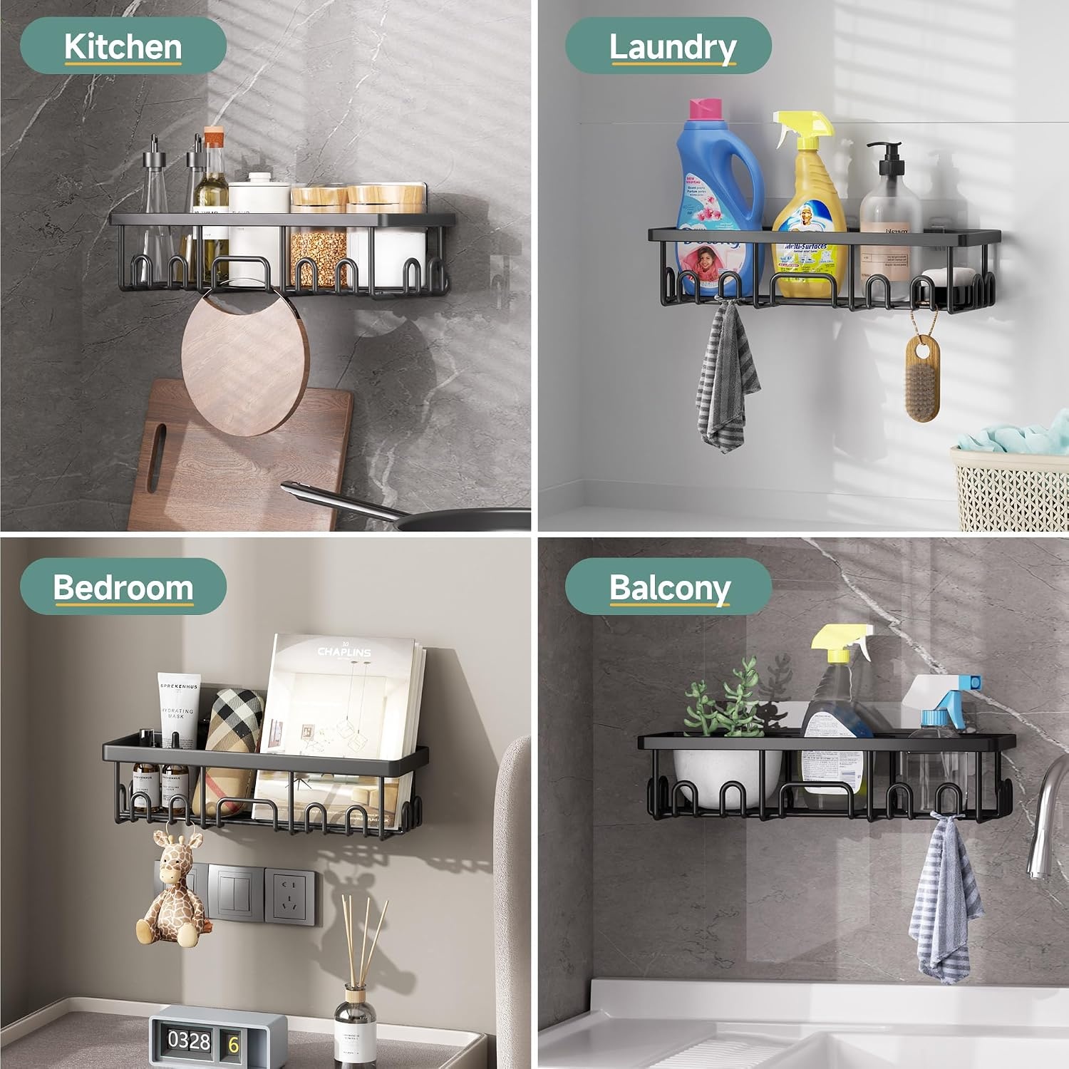 image:imageVeken Shower Caddy 6Pack Bathroom Organizers and Storage Shelves Black Advanced Rustproof Design Large Capacity No Drilling Adhesive Rack with Soap Holder WallMounted Kitchen amp Home DecorBlack