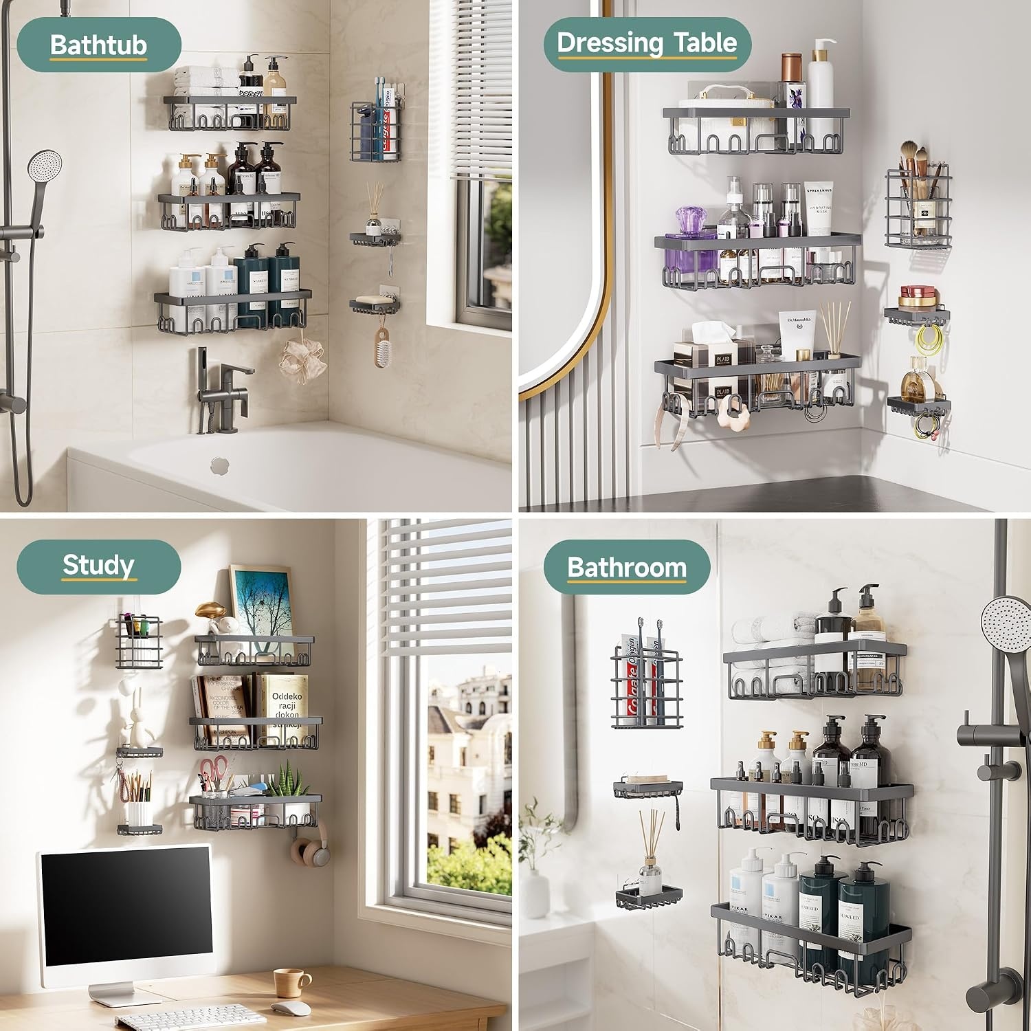 image:imageVeken Shower Caddy 6Pack Bathroom Organizers and Storage Shelves Black Advanced Rustproof Design Large Capacity No Drilling Adhesive Rack with Soap Holder WallMounted Kitchen amp Home DecorDark Grey