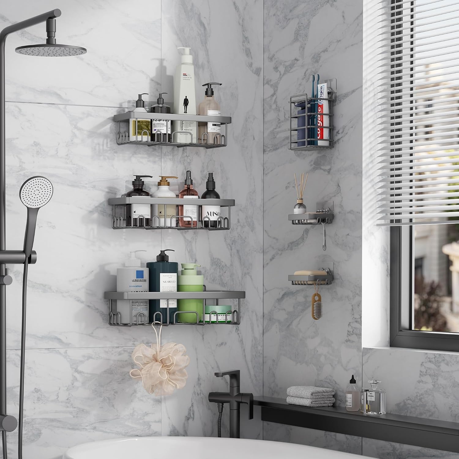 image:imageVeken Shower Caddy 6Pack Bathroom Organizers and Storage Shelves Black Advanced Rustproof Design Large Capacity No Drilling Adhesive Rack with Soap Holder WallMounted Kitchen amp Home DecorLight Gray