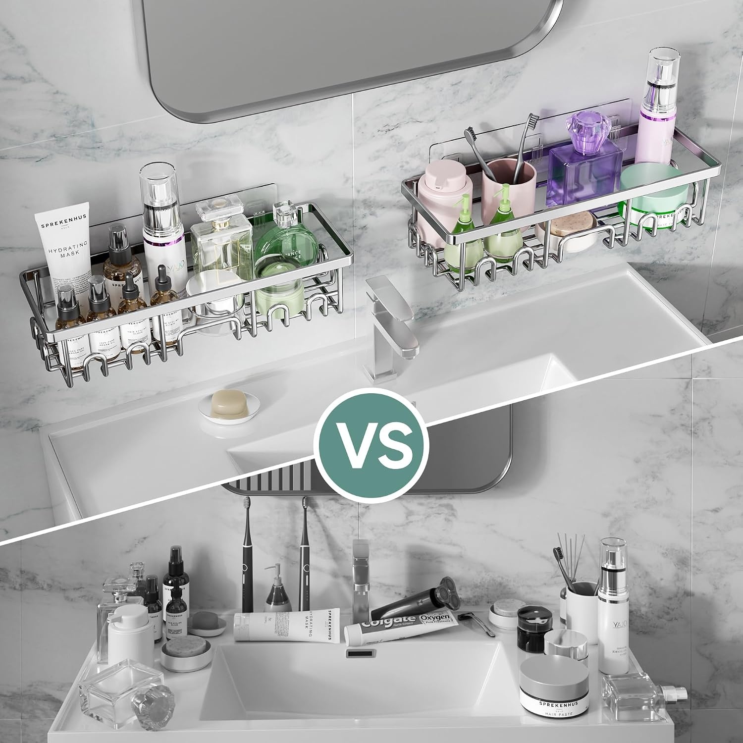 image:imageVeken Shower Caddy 6Pack Bathroom Organizers and Storage Shelves Black Advanced Rustproof Design Large Capacity No Drilling Adhesive Rack with Soap Holder WallMounted Kitchen amp Home DecorSilver