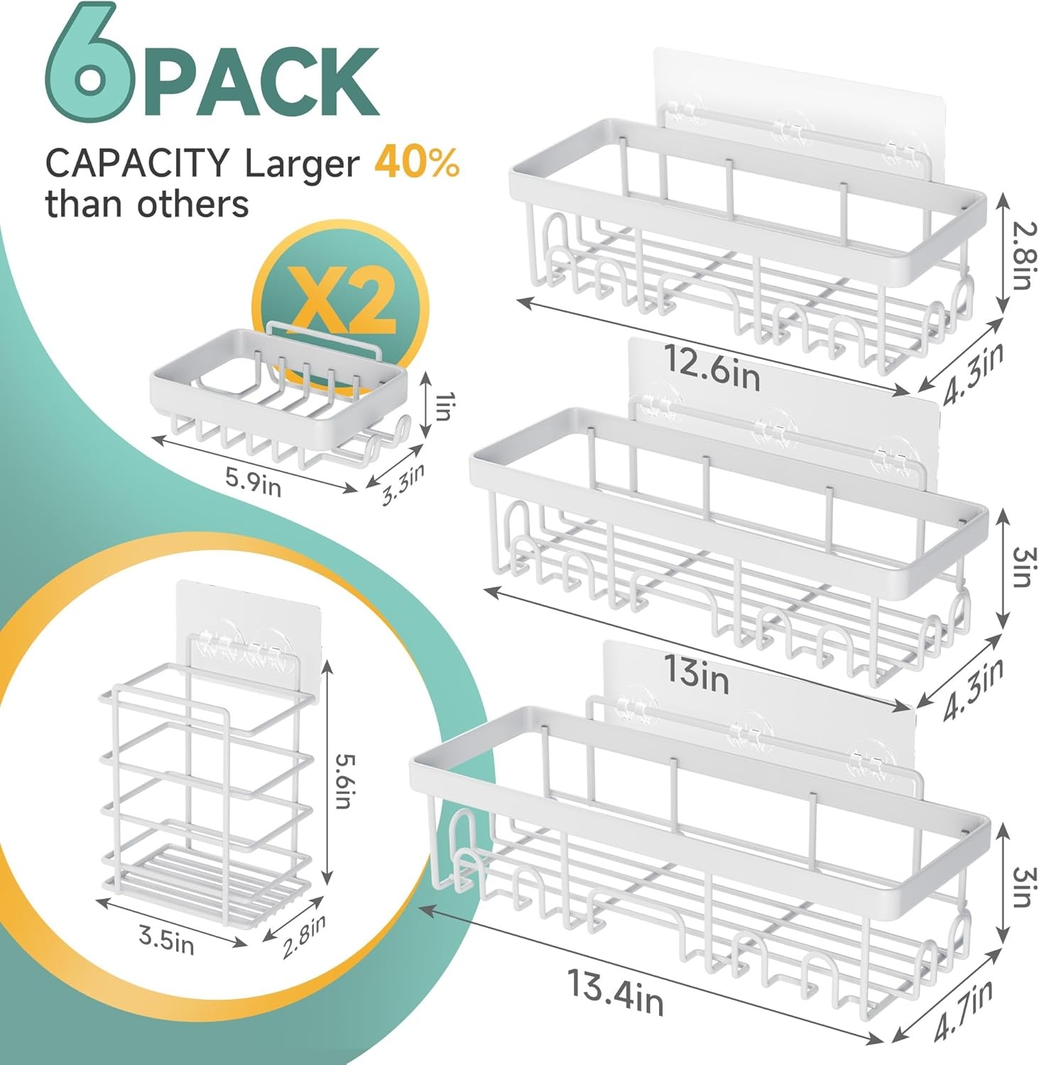 image:imageVeken Shower Caddy 6Pack Bathroom Organizers and Storage Shelves Black Advanced Rustproof Design Large Capacity No Drilling Adhesive Rack with Soap Holder WallMounted Kitchen amp Home DecorWhite