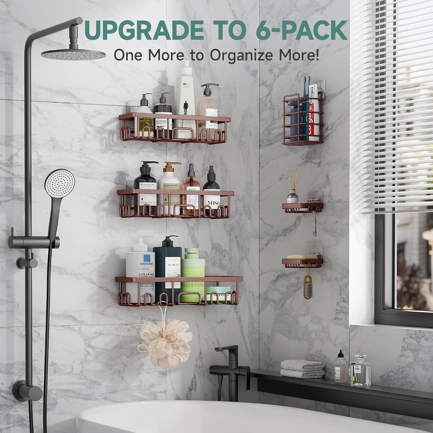 image:imageVeken Shower Caddy 6Pack Bathroom Organizers and Storage Shelves Black Advanced Rustproof Design Large Capacity No Drilling Adhesive Rack with Soap Holder WallMounted Kitchen amp Home DecorBrown
