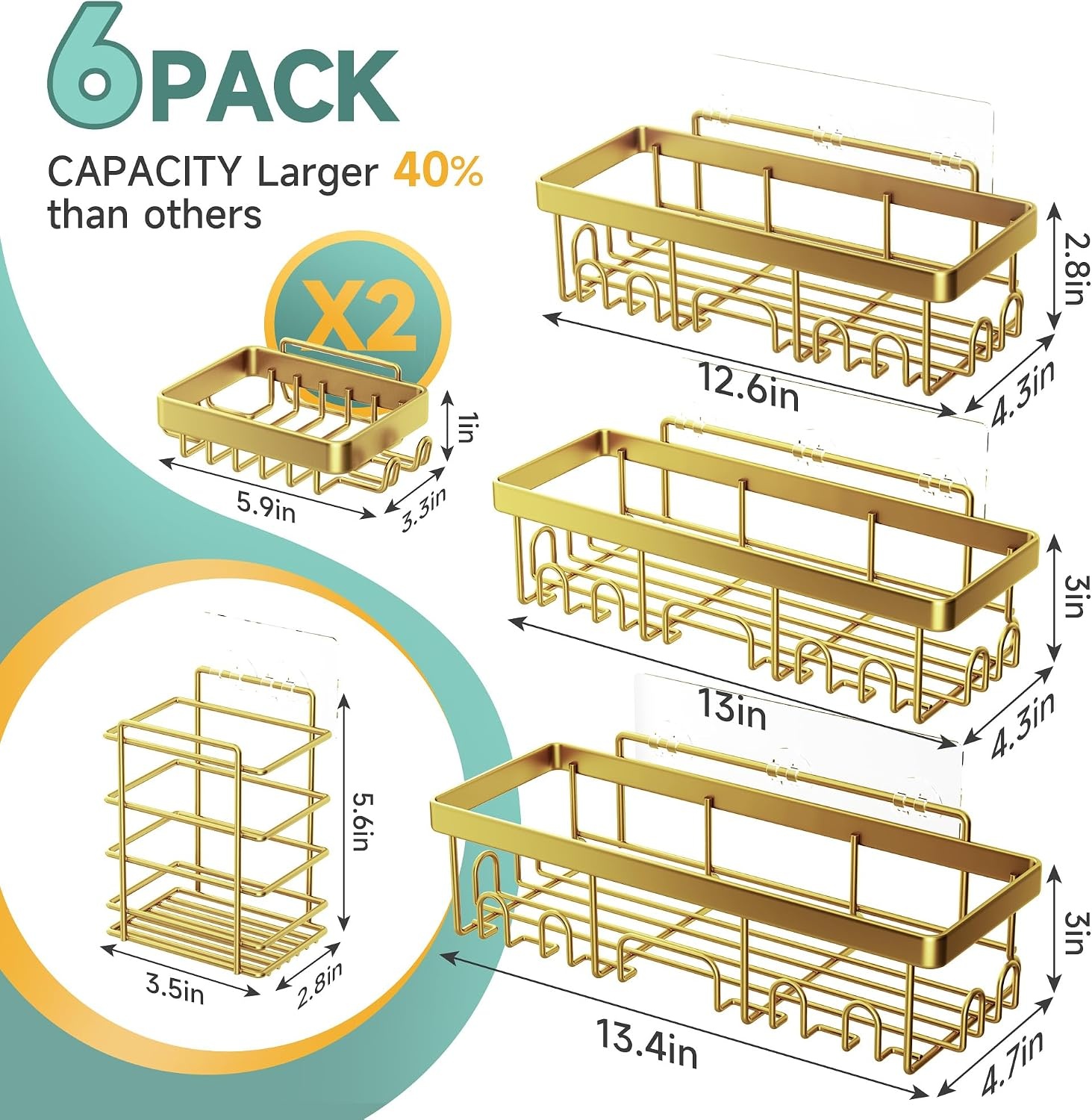 image:imageVeken Shower Caddy 6Pack Bathroom Organizers and Storage Shelves Black Advanced Rustproof Design Large Capacity No Drilling Adhesive Rack with Soap Holder WallMounted Kitchen amp Home DecorBright Gold