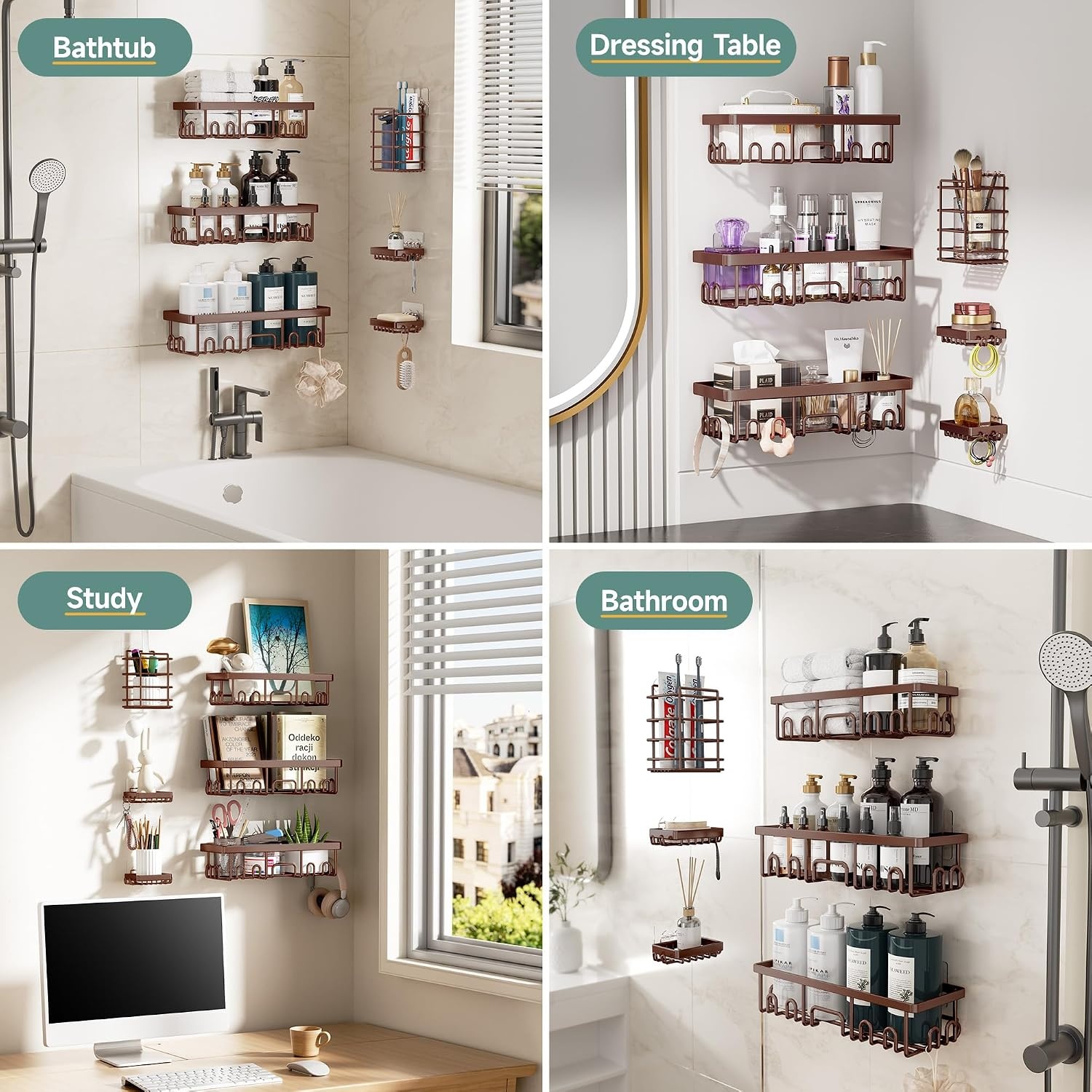 image:imageVeken Shower Caddy 6Pack Bathroom Organizers and Storage Shelves Black Advanced Rustproof Design Large Capacity No Drilling Adhesive Rack with Soap Holder WallMounted Kitchen amp Home DecorBrown