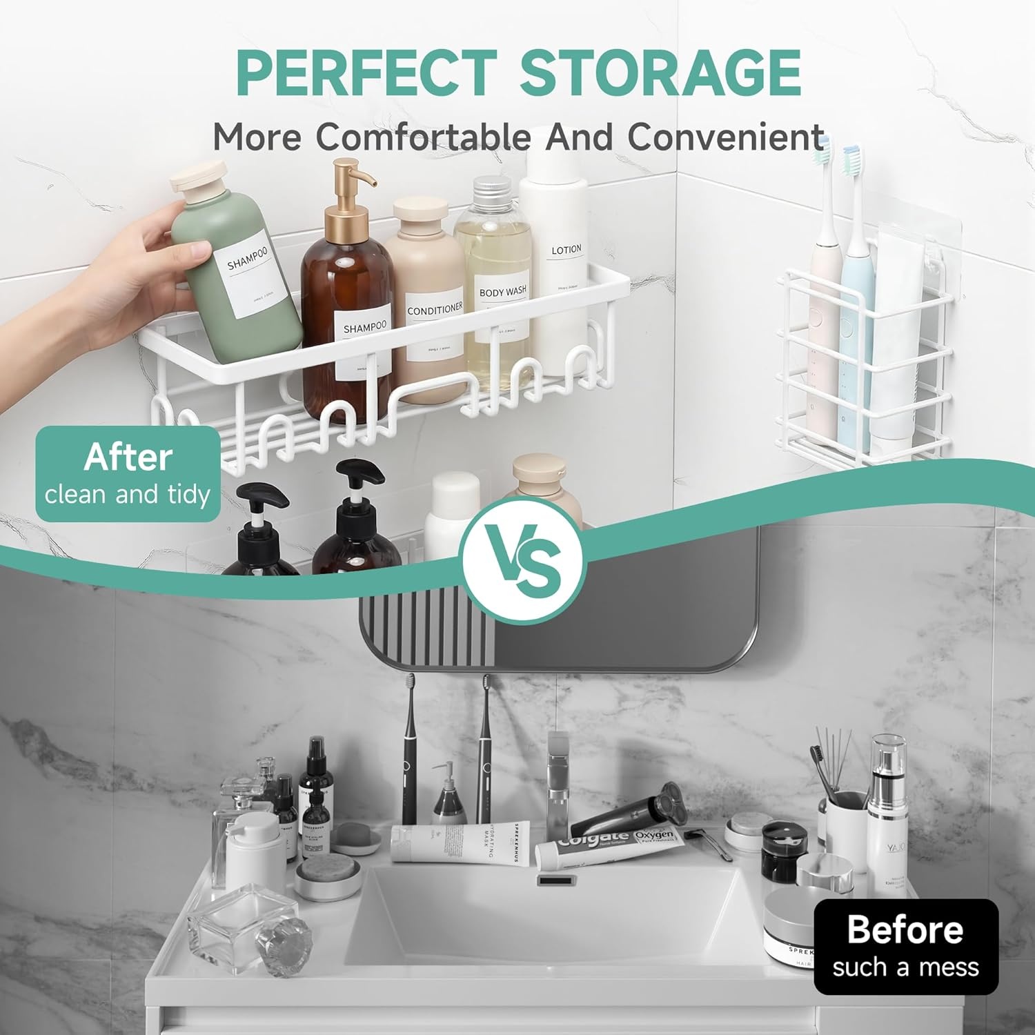 image:imageVeken Shower Caddy 6Pack Bathroom Organizers and Storage Shelves Black Advanced Rustproof Design Large Capacity No Drilling Adhesive Rack with Soap Holder WallMounted Kitchen amp Home DecorWhite