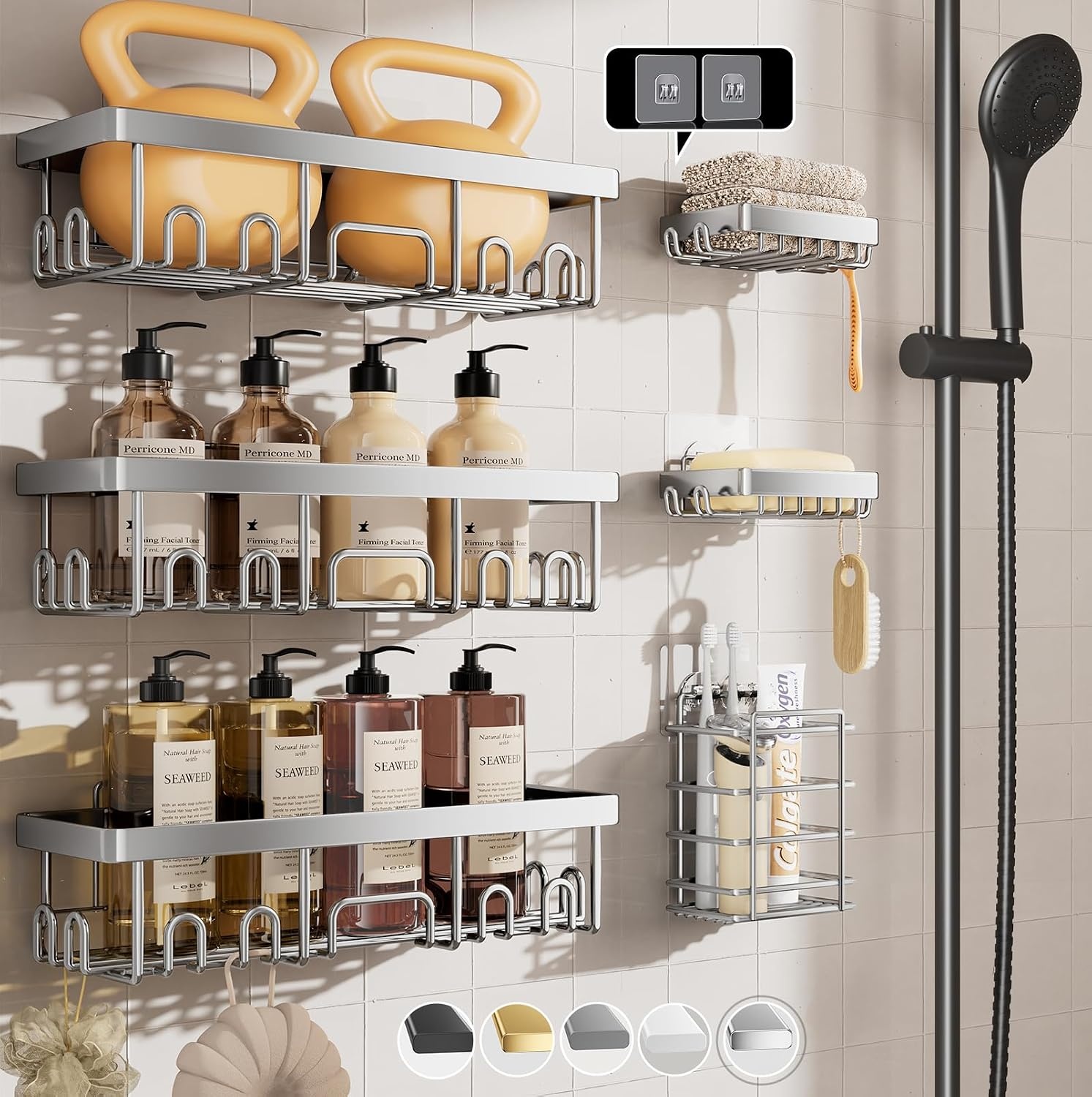 image:imageVeken Shower Caddy 6Pack Bathroom Organizers and Storage Shelves Black Advanced Rustproof Design Large Capacity No Drilling Adhesive Rack with Soap Holder WallMounted Kitchen amp Home DecorSilver