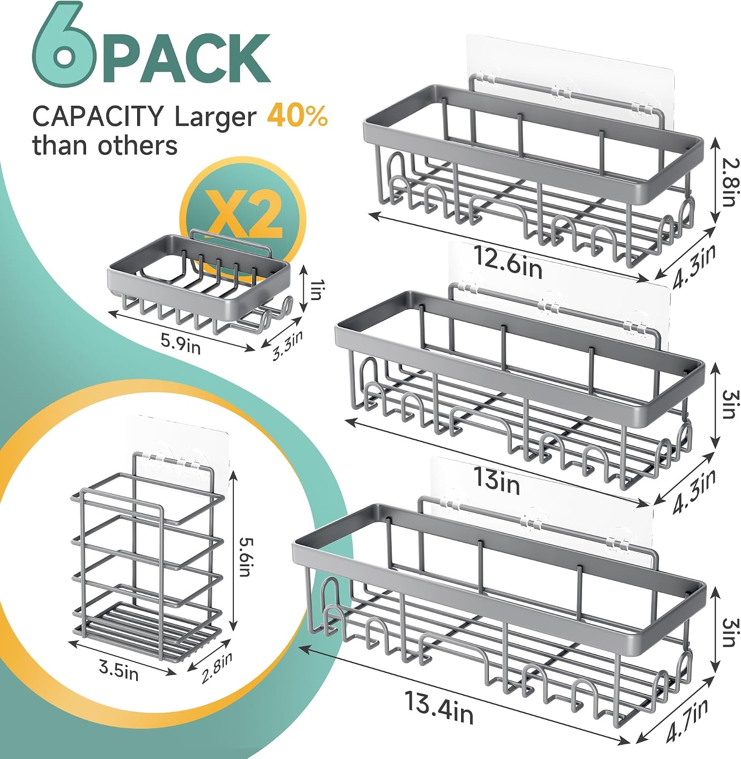 image:imageVeken Shower Caddy 6Pack Bathroom Organizers and Storage Shelves Black Advanced Rustproof Design Large Capacity No Drilling Adhesive Rack with Soap Holder WallMounted Kitchen amp Home DecorLight Gray