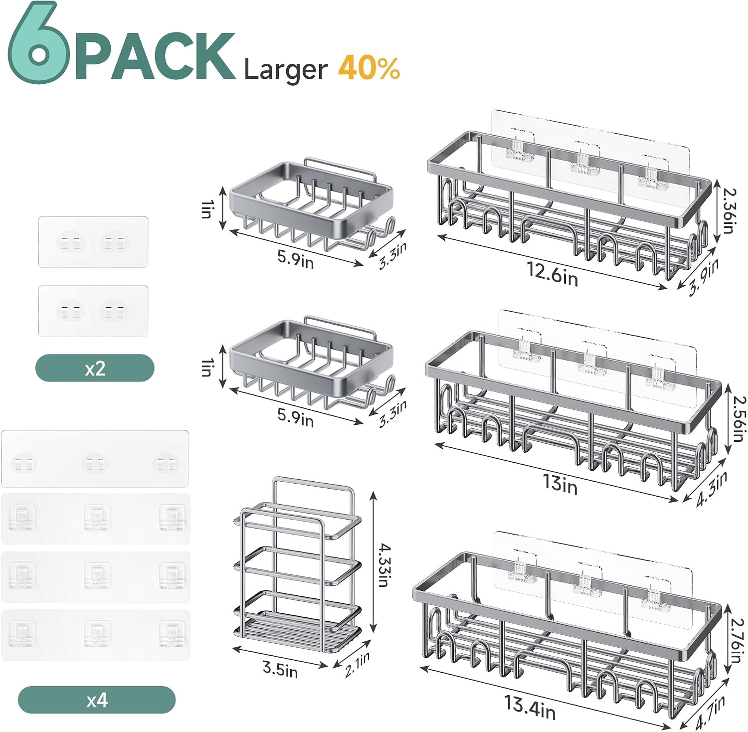 image:imageVeken Shower Caddy 6Pack Bathroom Organizers and Storage Shelves Black Advanced Rustproof Design Large Capacity No Drilling Adhesive Rack with Soap Holder WallMounted Kitchen amp Home DecorBright Silver