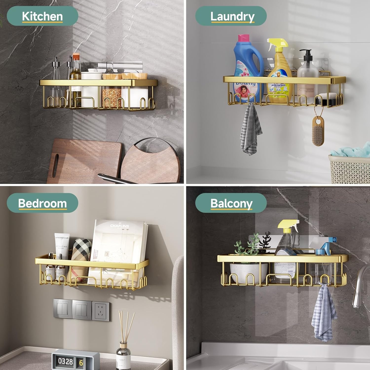 image:imageVeken Shower Caddy 6Pack Bathroom Organizers and Storage Shelves Black Advanced Rustproof Design Large Capacity No Drilling Adhesive Rack with Soap Holder WallMounted Kitchen amp Home DecorBright Gold