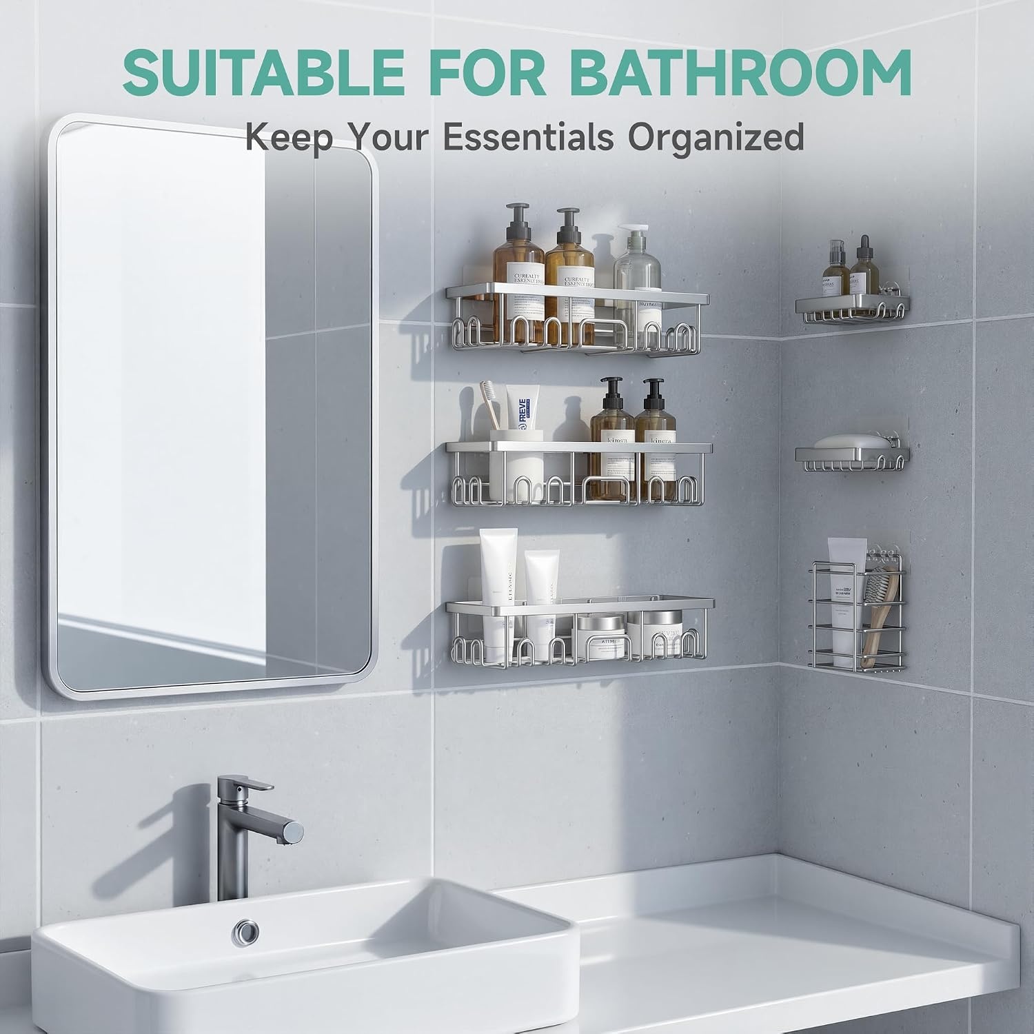 image:imageVeken Shower Caddy 6Pack Bathroom Organizers and Storage Shelves Black Advanced Rustproof Design Large Capacity No Drilling Adhesive Rack with Soap Holder WallMounted Kitchen amp Home DecorSilver