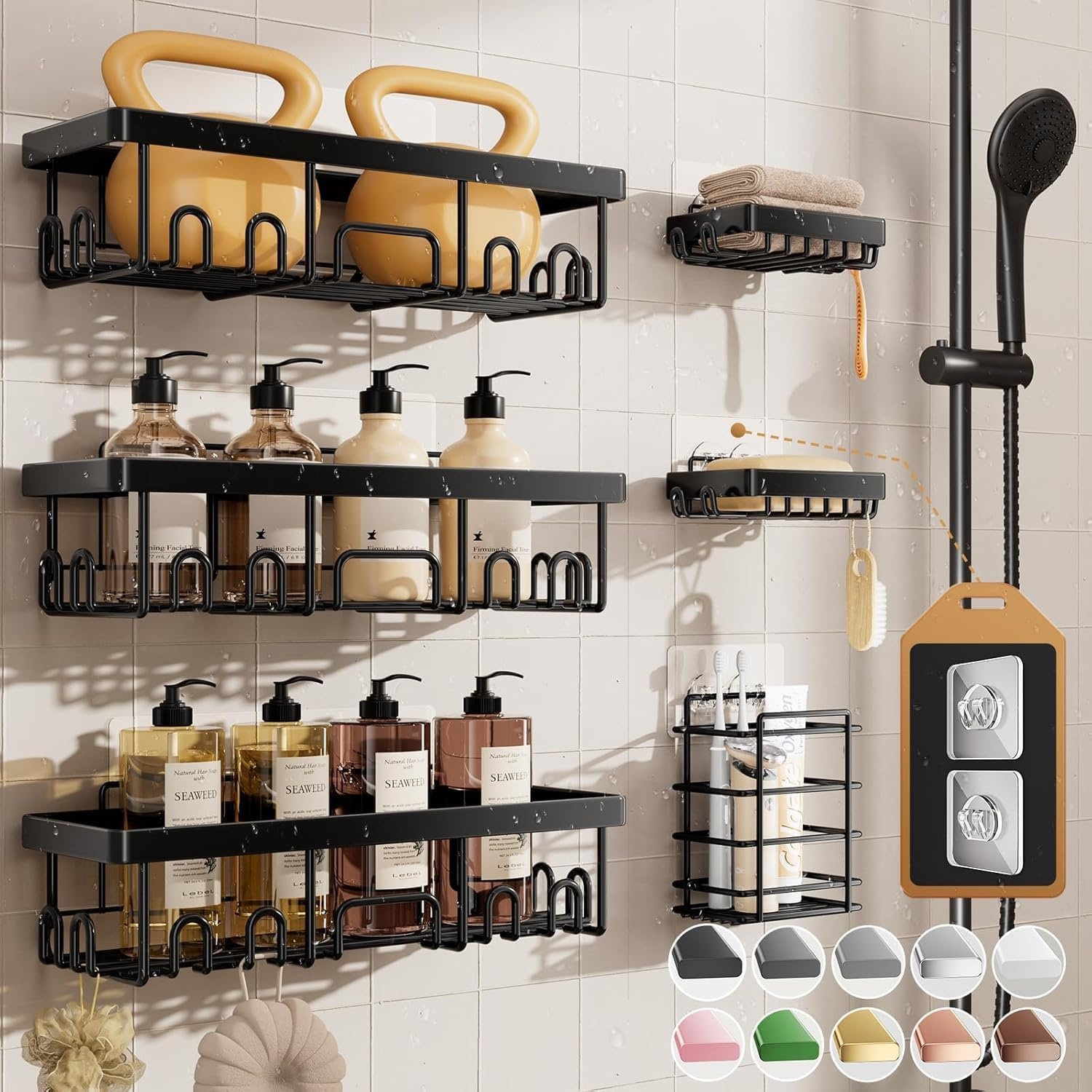 image:imageVeken Shower Caddy 6Pack Bathroom Organizers and Storage Shelves Black Advanced Rustproof Design Large Capacity No Drilling Adhesive Rack with Soap Holder WallMounted Kitchen amp Home DecorBlack