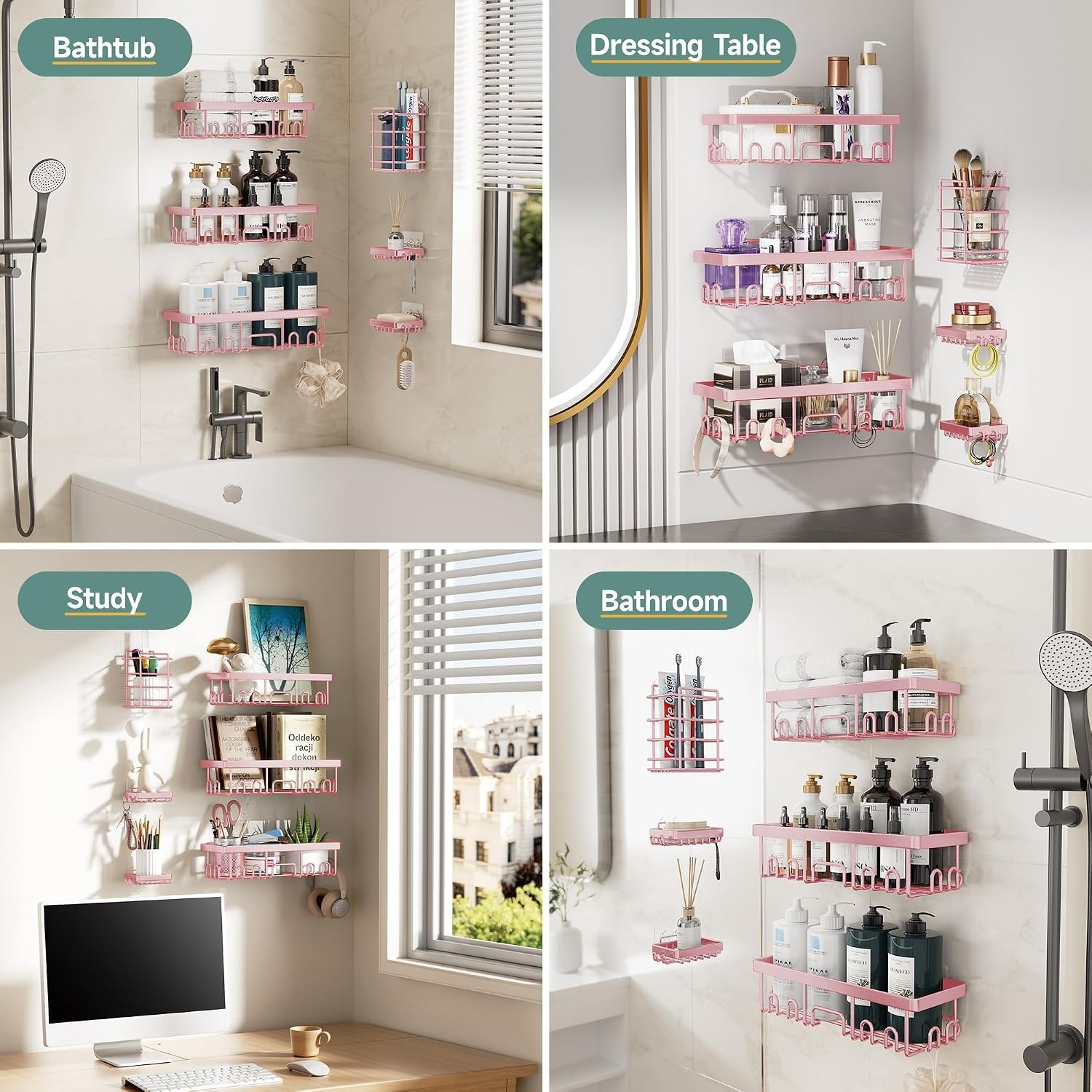 image:imageVeken Shower Caddy 6Pack Bathroom Organizers and Storage Shelves Black Advanced Rustproof Design Large Capacity No Drilling Adhesive Rack with Soap Holder WallMounted Kitchen amp Home DecorPink