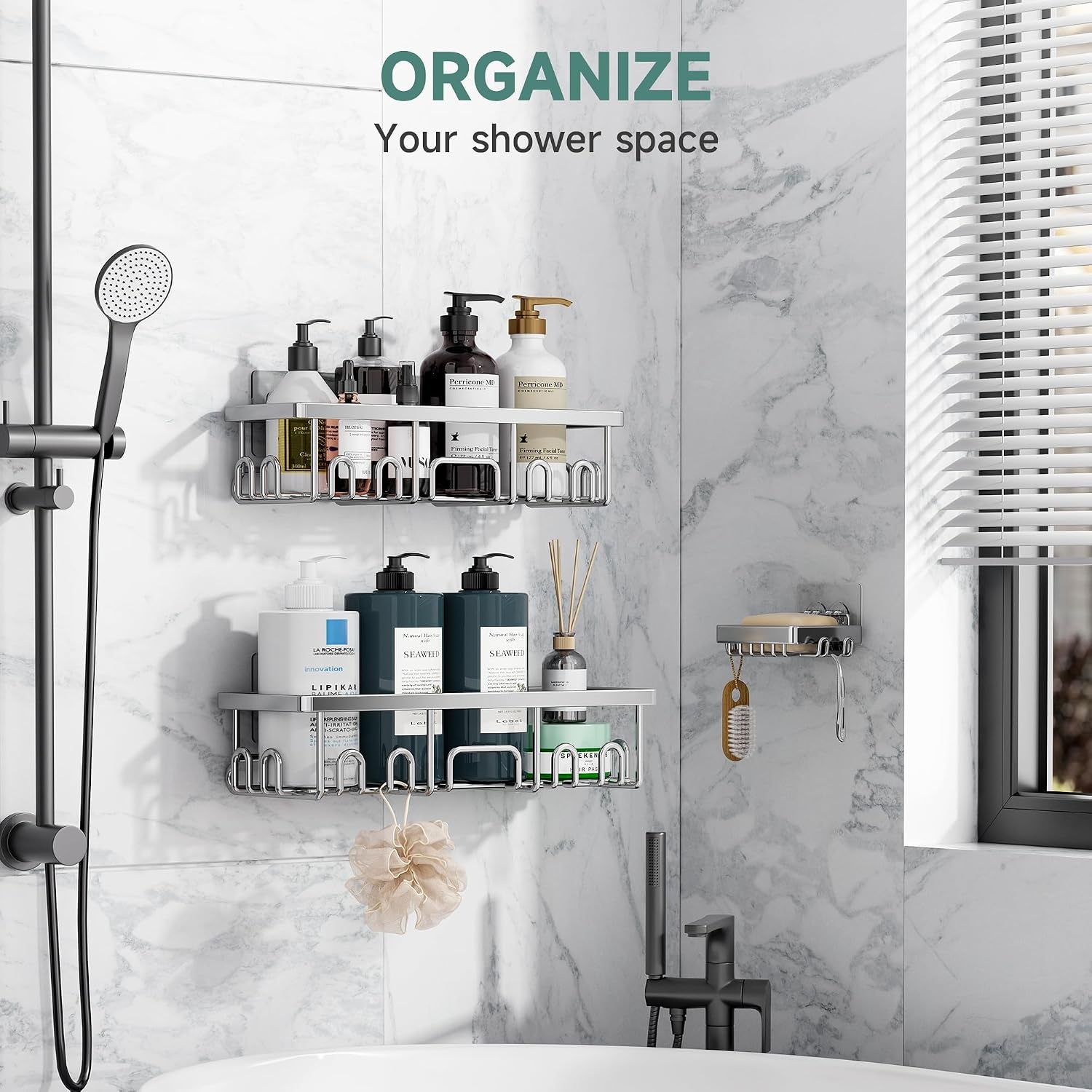 image:imageVeken Shower Caddy 6Pack Bathroom Organizers and Storage Shelves Black Advanced Rustproof Design Large Capacity No Drilling Adhesive Rack with Soap Holder WallMounted Kitchen amp Home DecorSilver