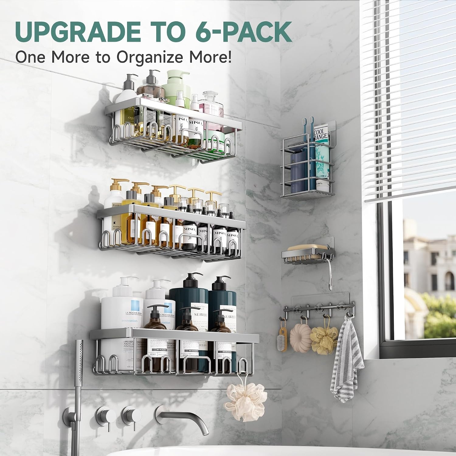 image:imageVeken Shower Caddy 6Pack Bathroom Organizers and Storage Shelves Black Advanced Rustproof Design Large Capacity No Drilling Adhesive Rack with Soap Holder WallMounted Kitchen amp Home DecorSilver