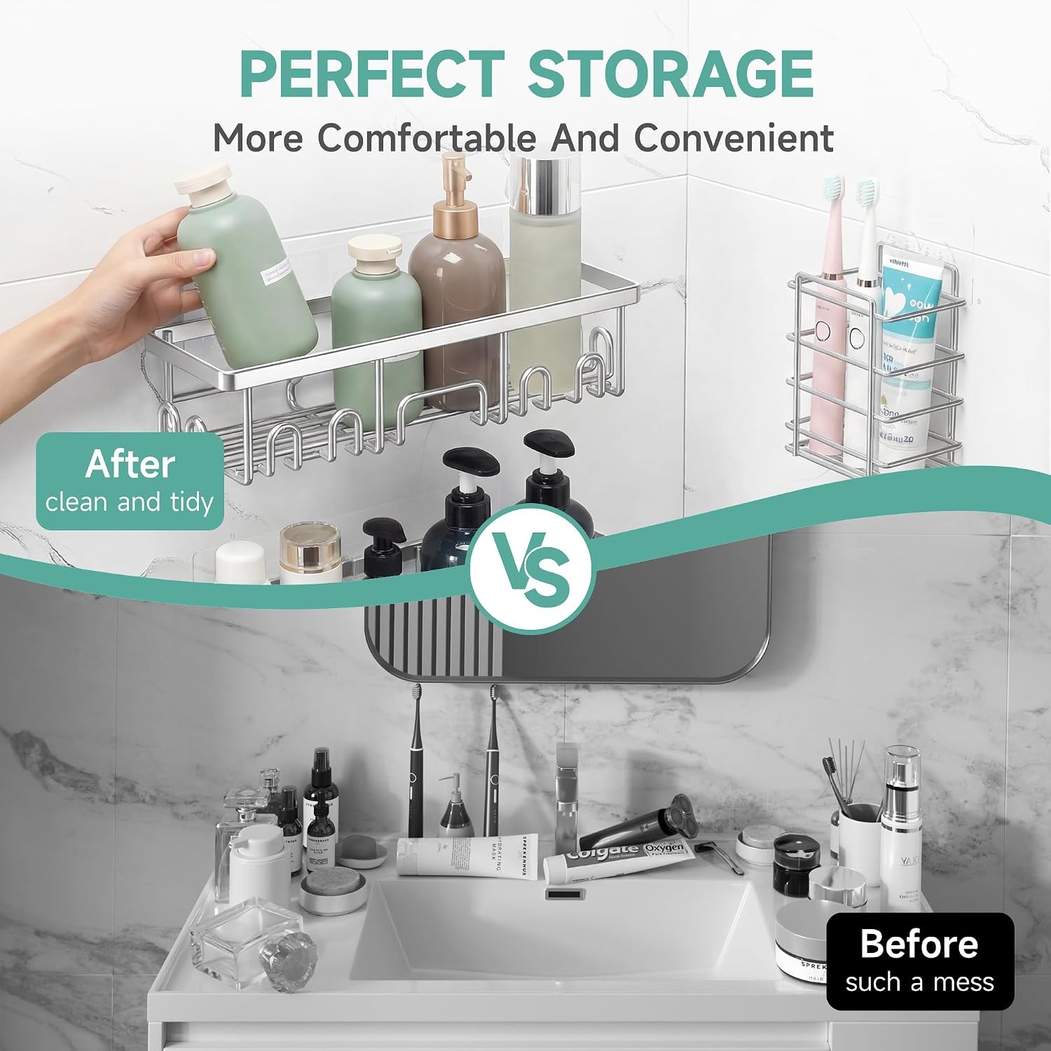 image:imageVeken Shower Caddy 6Pack Bathroom Organizers and Storage Shelves Black Advanced Rustproof Design Large Capacity No Drilling Adhesive Rack with Soap Holder WallMounted Kitchen amp Home DecorSilver
