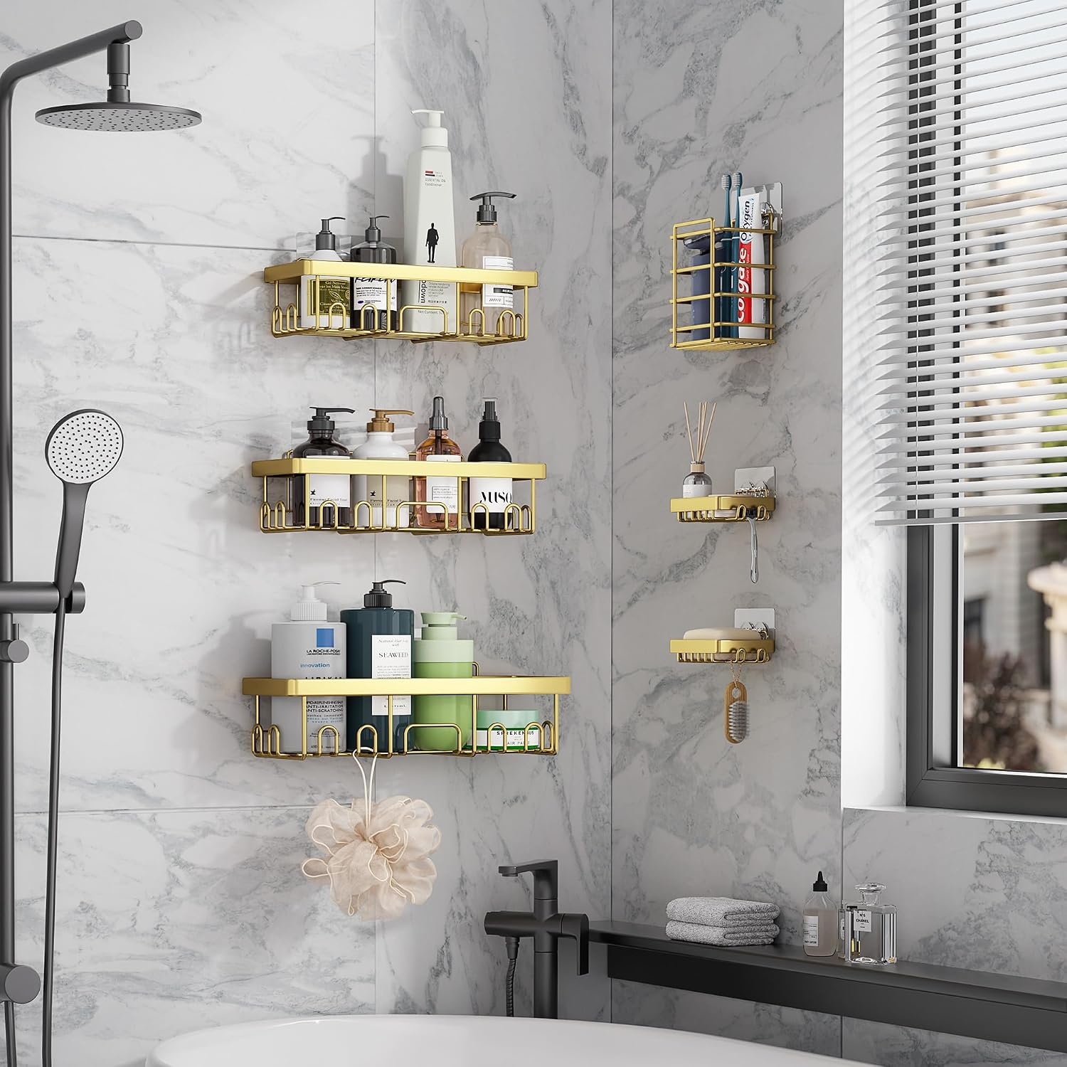 image:imageVeken Shower Caddy 6Pack Bathroom Organizers and Storage Shelves Black Advanced Rustproof Design Large Capacity No Drilling Adhesive Rack with Soap Holder WallMounted Kitchen amp Home DecorBright Gold