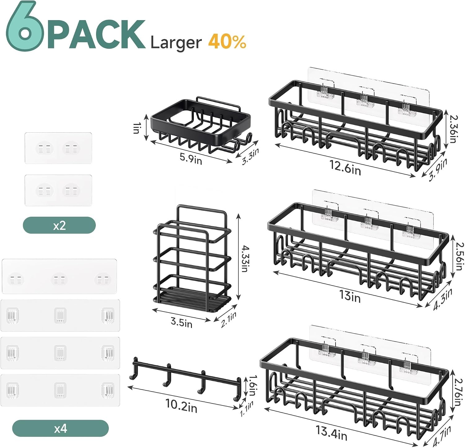image:imageVeken Shower Caddy 6Pack Bathroom Organizers and Storage Shelves Black Advanced Rustproof Design Large Capacity No Drilling Adhesive Rack with Soap Holder WallMounted Kitchen amp Home DecorBlack