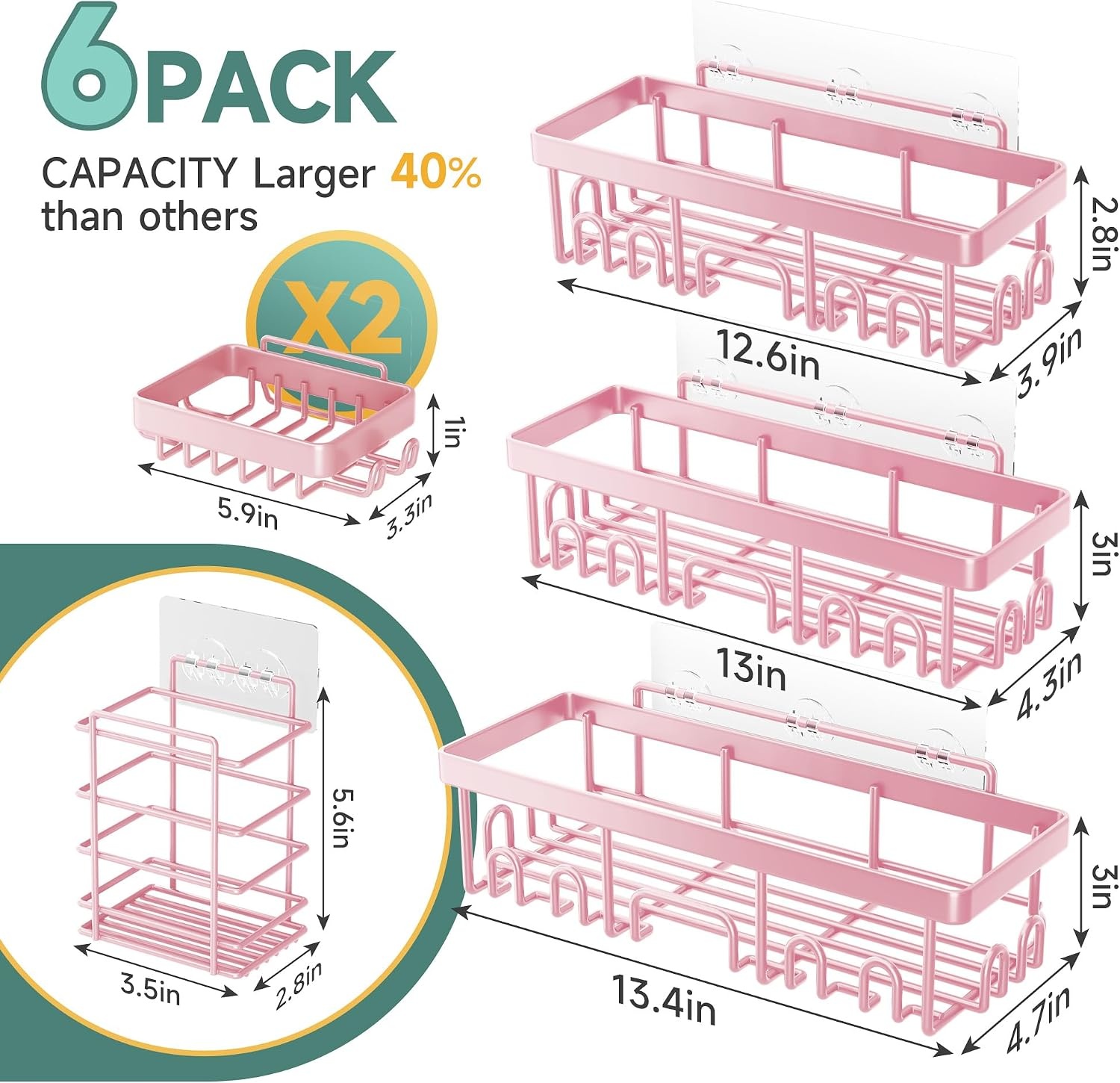 image:imageVeken Shower Caddy 6Pack Bathroom Organizers and Storage Shelves Black Advanced Rustproof Design Large Capacity No Drilling Adhesive Rack with Soap Holder WallMounted Kitchen amp Home DecorPink