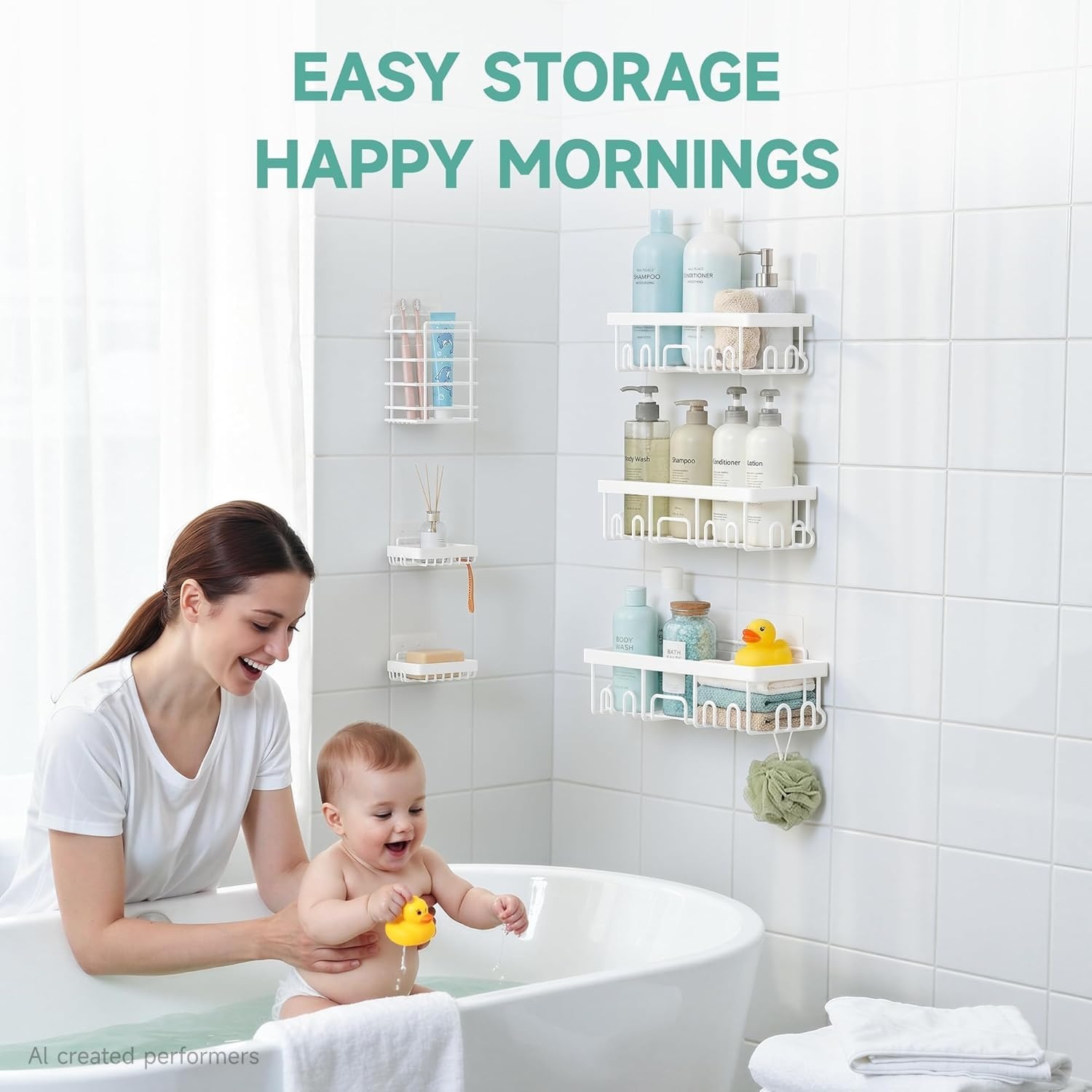 image:imageVeken Shower Caddy 6Pack Bathroom Organizers and Storage Shelves Black Advanced Rustproof Design Large Capacity No Drilling Adhesive Rack with Soap Holder WallMounted Kitchen amp Home DecorWhite