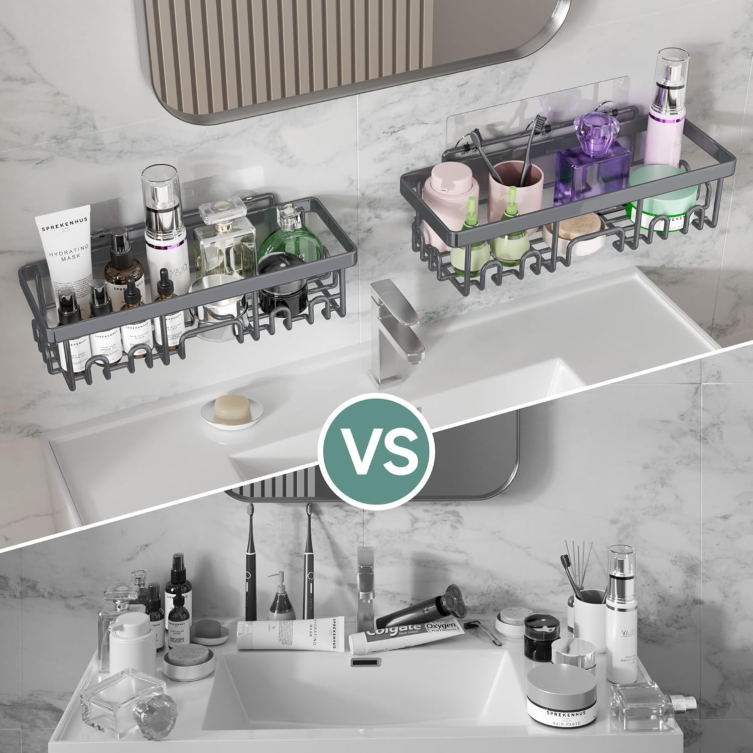 image:imageVeken Shower Caddy 6Pack Bathroom Organizers and Storage Shelves Black Advanced Rustproof Design Large Capacity No Drilling Adhesive Rack with Soap Holder WallMounted Kitchen amp Home DecorDark Grey