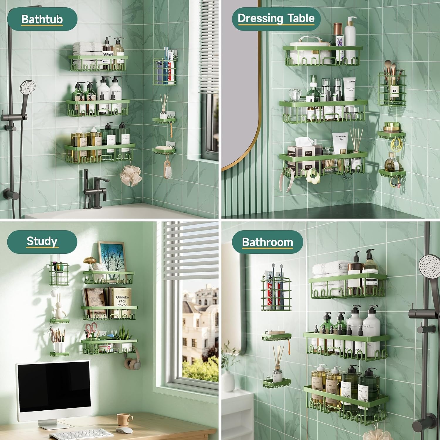 image:imageVeken Shower Caddy 6Pack Bathroom Organizers and Storage Shelves Black Advanced Rustproof Design Large Capacity No Drilling Adhesive Rack with Soap Holder WallMounted Kitchen amp Home DecorGreen
